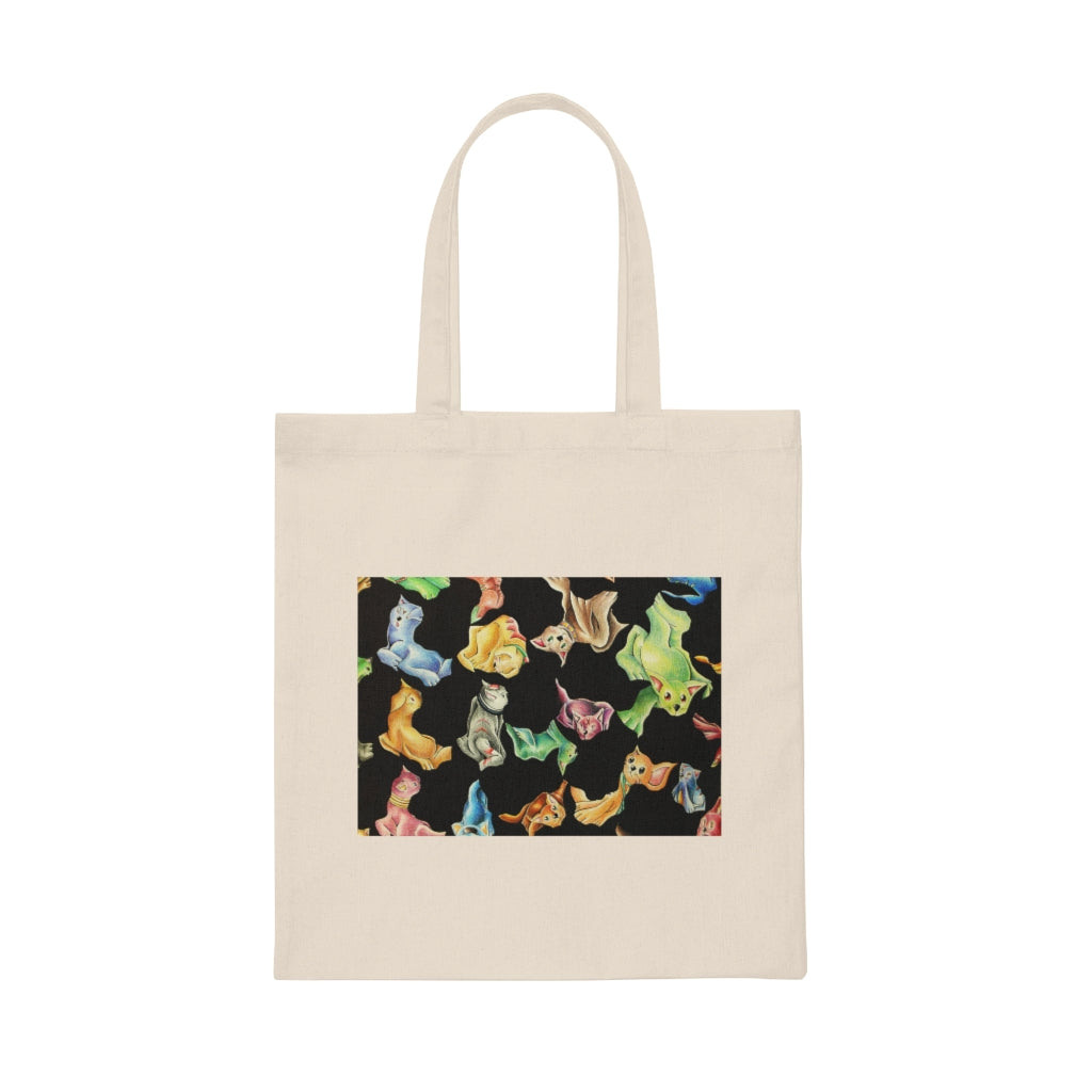 A stylish Cat Pattern Canvas Tote Bag featuring a whimsical cat design, made from durable 100% cotton sheeting with reinforced handles.