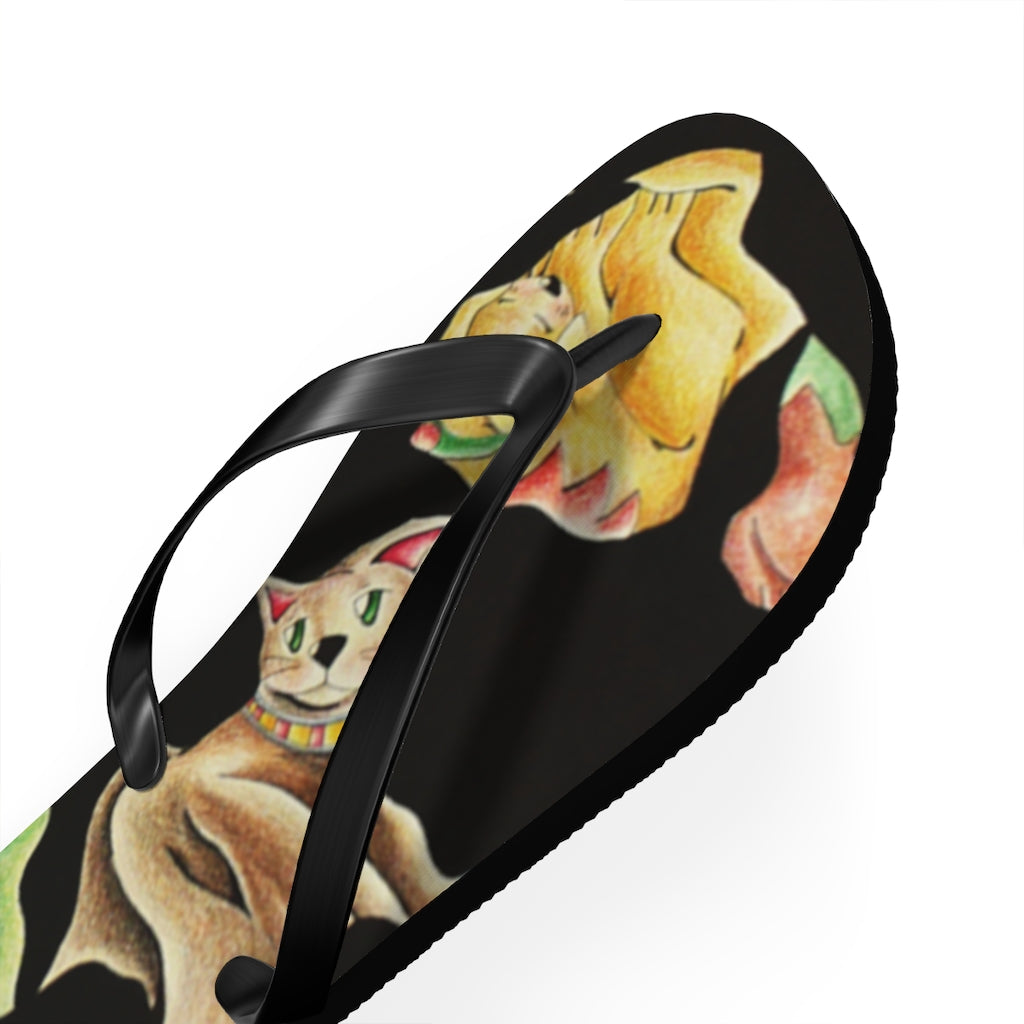 A pair of Cat Pattern Flip Flops featuring a vibrant cat design, cushioned footbed, and black PVC strap, perfect for summer wear.