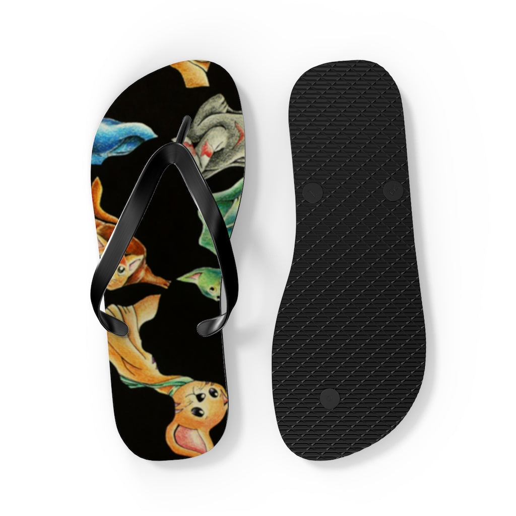 A pair of Cat Pattern Flip Flops featuring a vibrant cat design, cushioned footbed, and black PVC strap, perfect for summer wear.