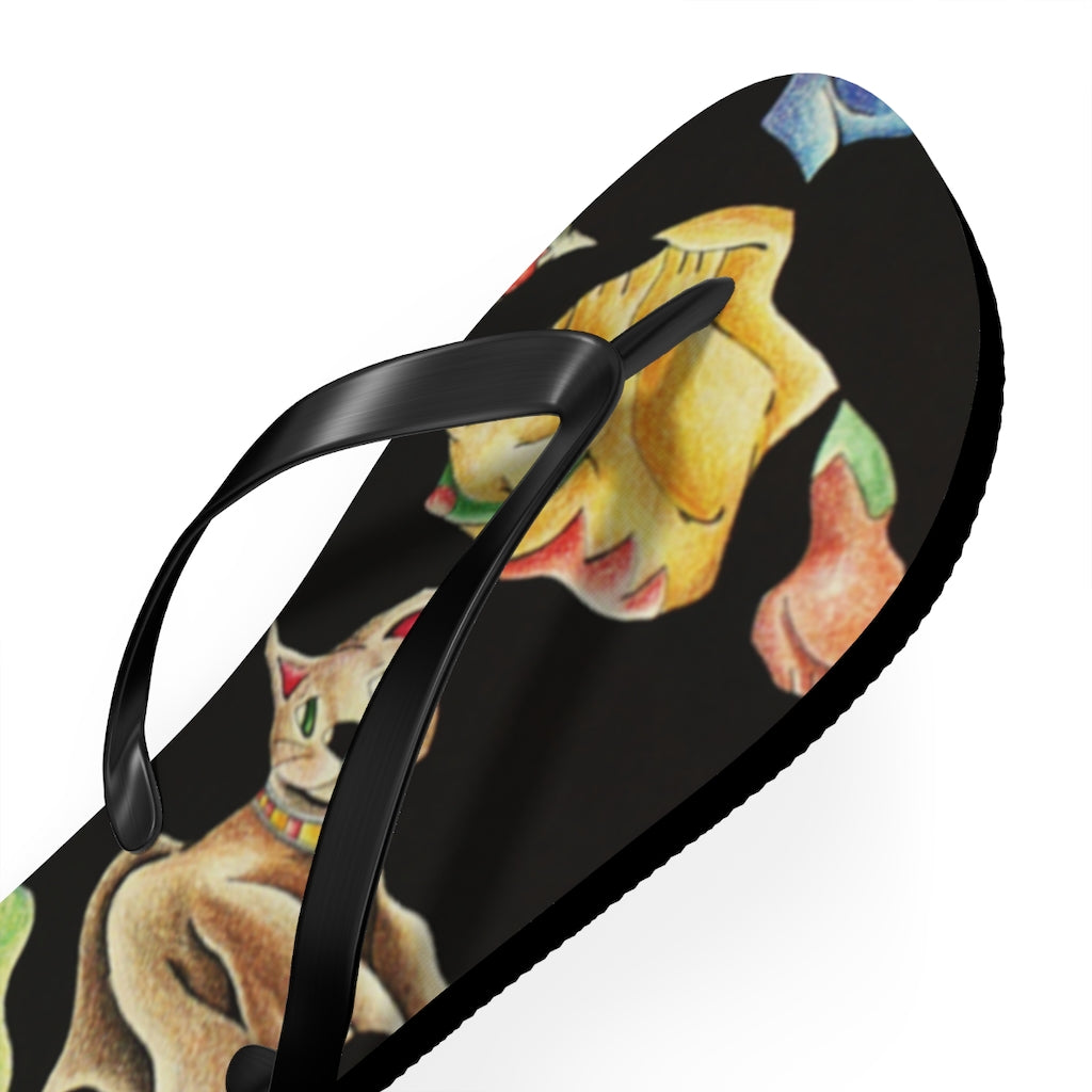 A pair of Cat Pattern Flip Flops featuring a vibrant cat design, cushioned footbed, and black PVC strap, perfect for summer wear.