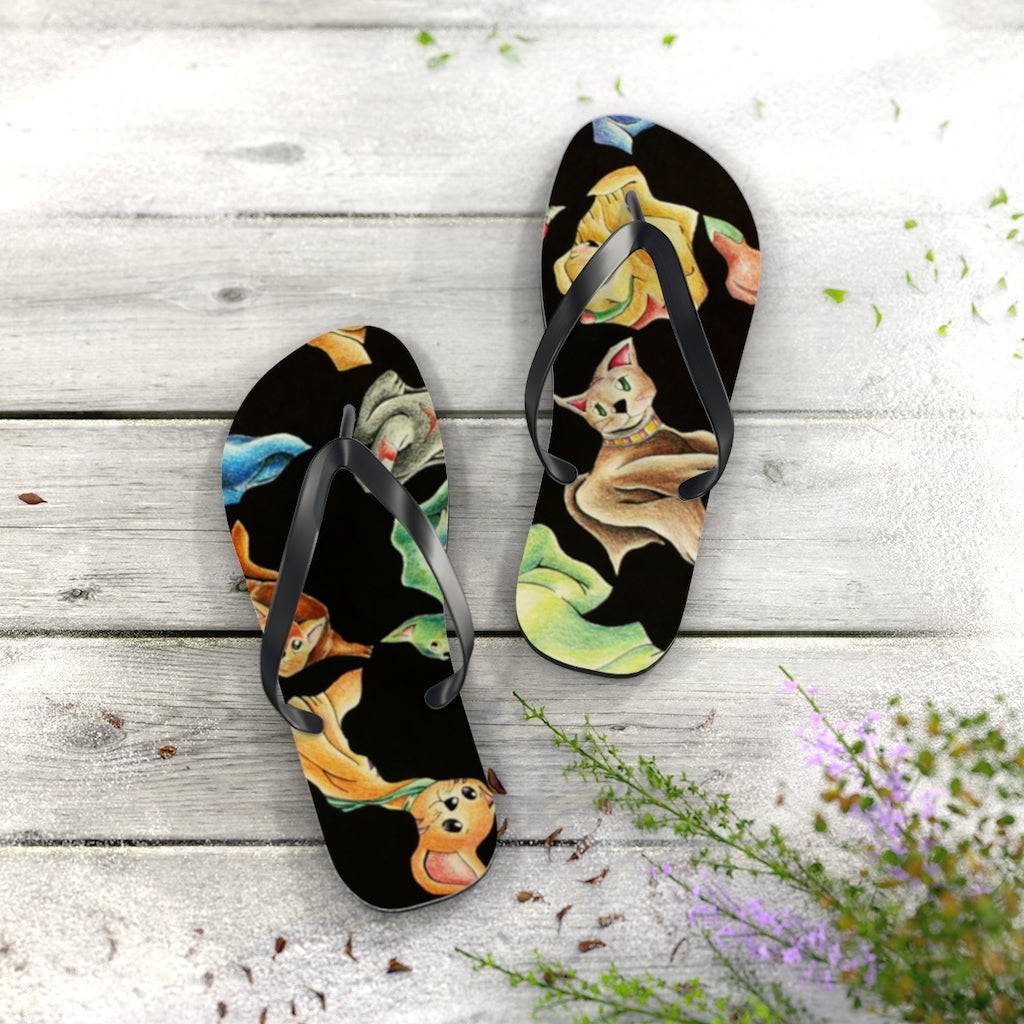 A pair of Cat Pattern Flip Flops featuring a vibrant cat design, cushioned footbed, and black PVC strap, perfect for summer wear.
