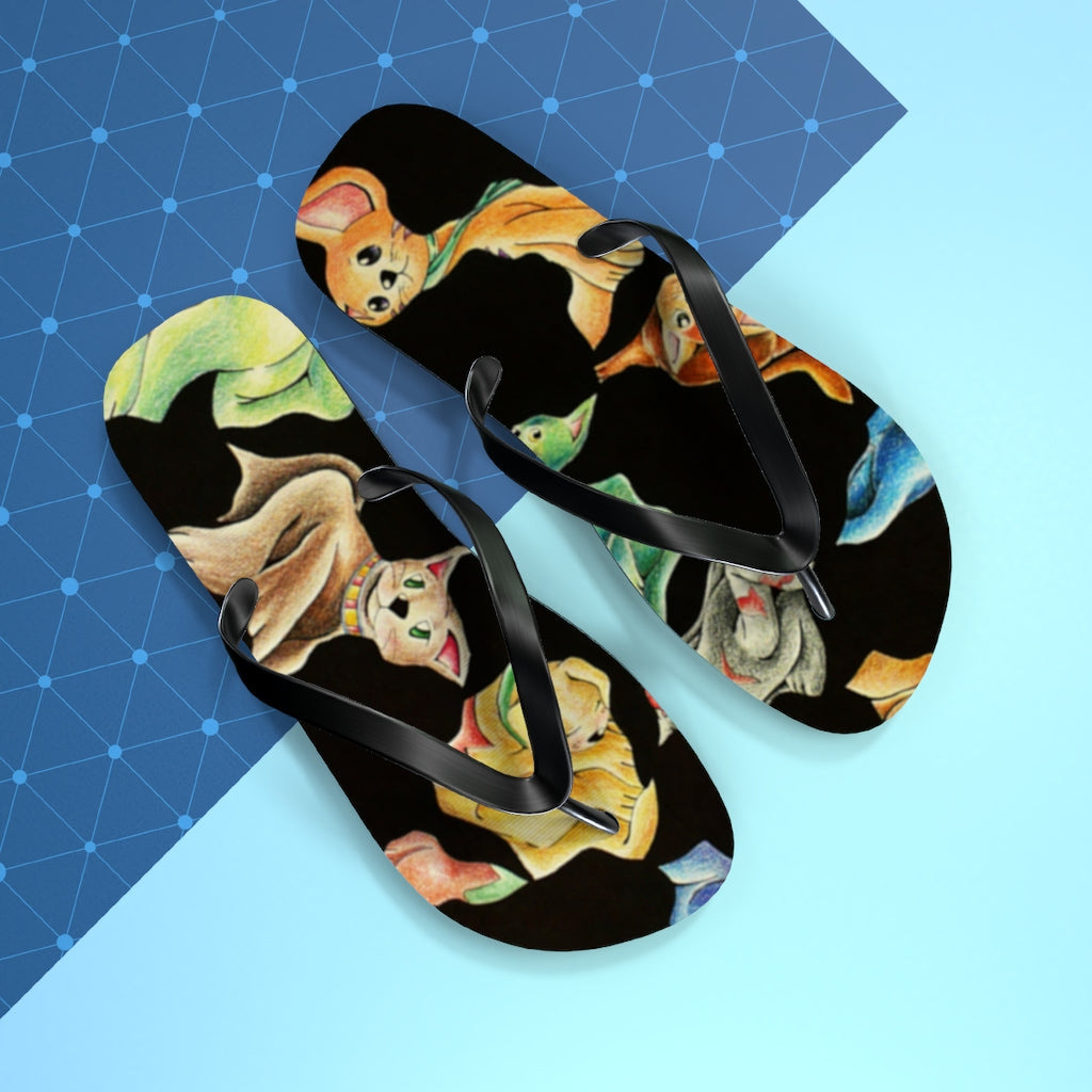 A pair of Cat Pattern Flip Flops featuring a vibrant cat design, cushioned footbed, and black PVC strap, perfect for summer wear.