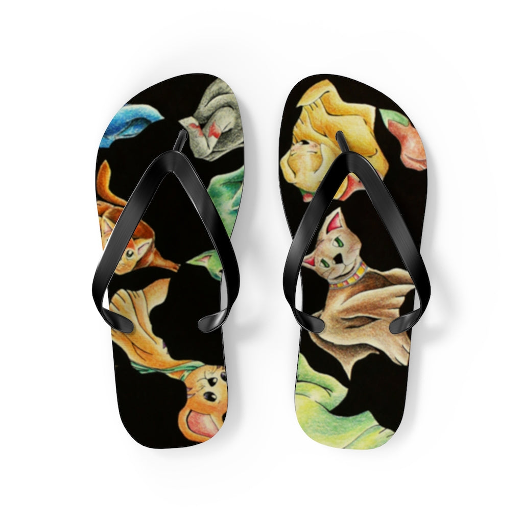 A pair of Cat Pattern Flip Flops featuring a vibrant cat design, cushioned footbed, and black PVC strap, perfect for summer wear.