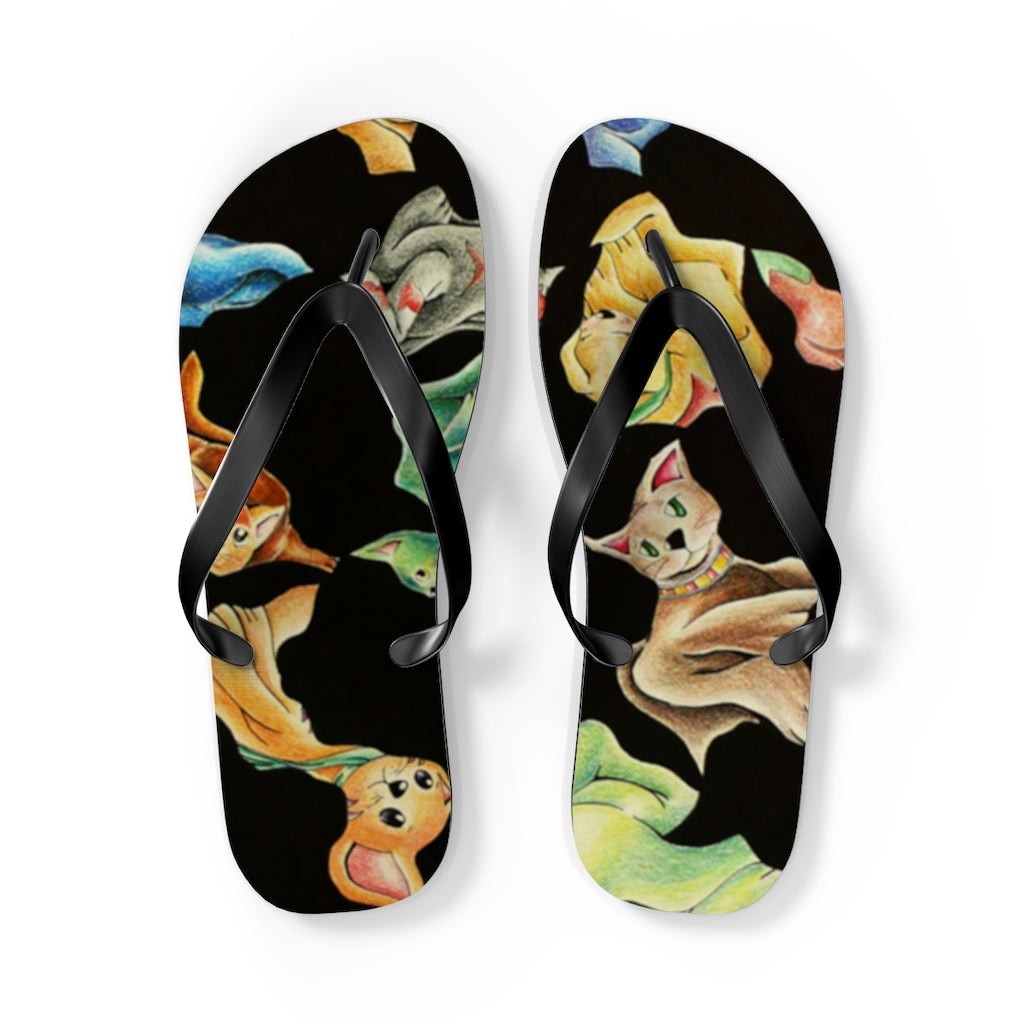 A pair of Cat Pattern Flip Flops featuring a vibrant cat design, cushioned footbed, and black PVC strap, perfect for summer wear.