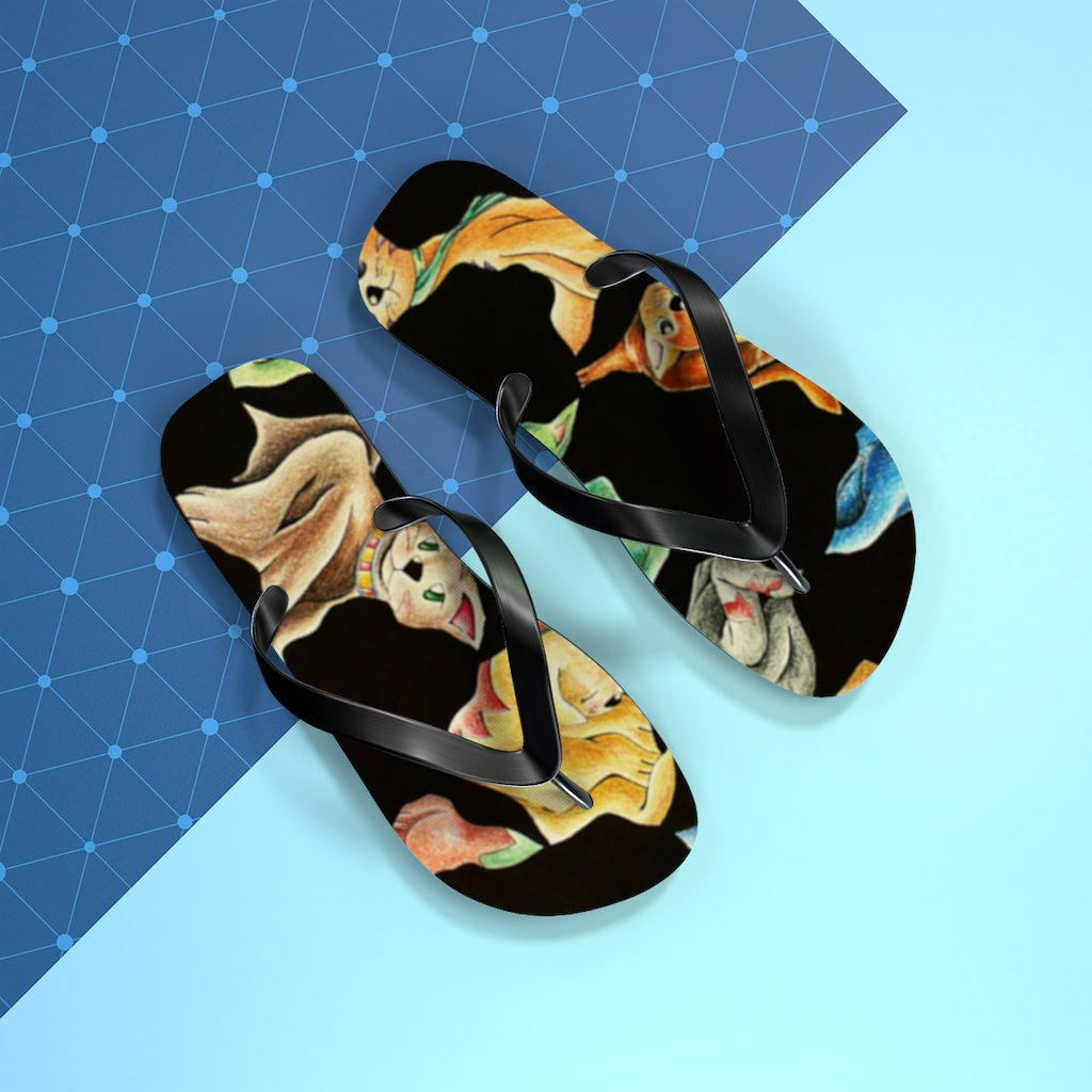 A pair of Cat Pattern Flip Flops featuring a vibrant cat design, cushioned footbed, and black PVC strap, perfect for summer wear.