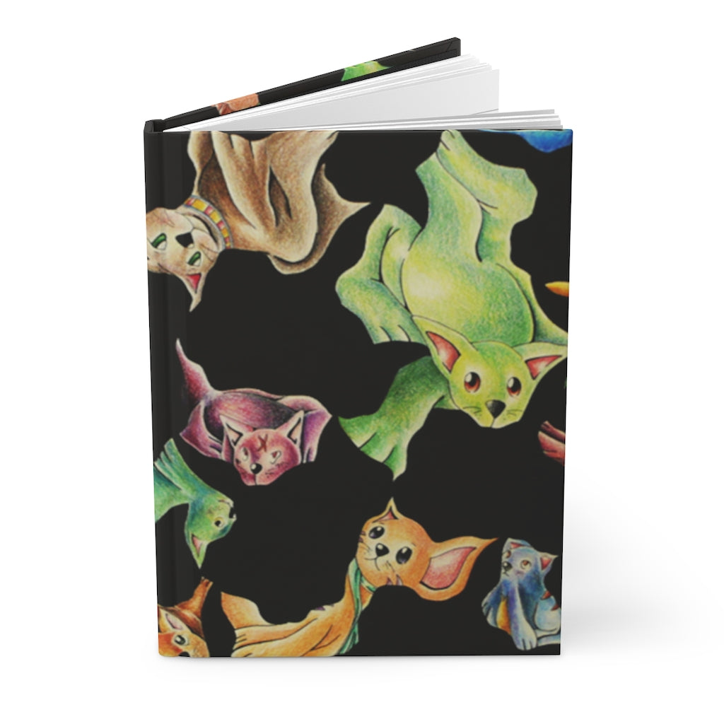 A stylish matte hardcover journal featuring a cat pattern, customizable front and back covers, and lined pages for journaling.
