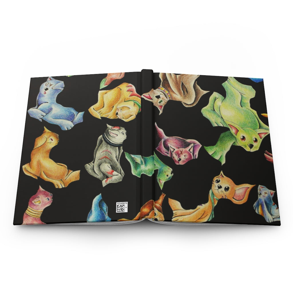 A stylish matte hardcover journal featuring a cat pattern, customizable front and back covers, and lined pages for journaling.