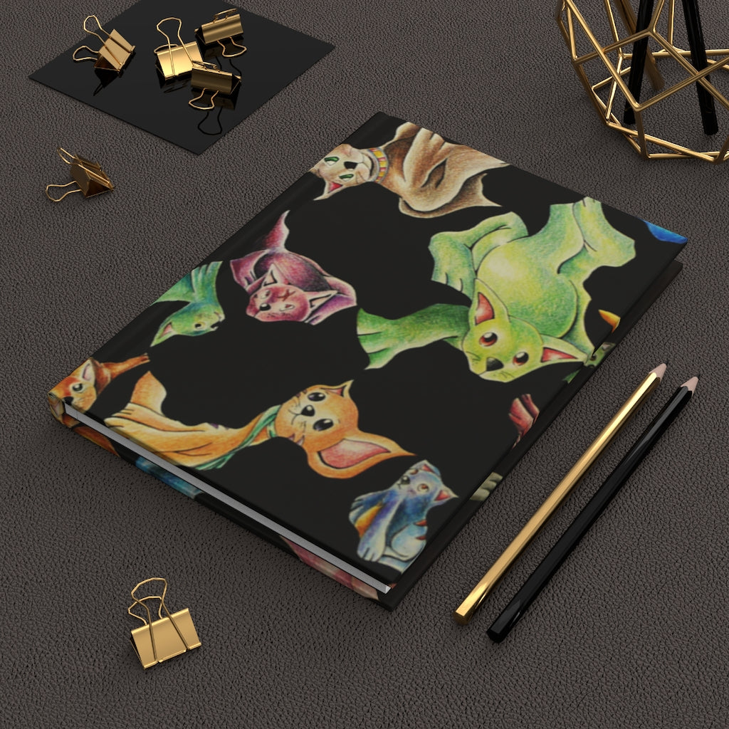 A stylish matte hardcover journal featuring a cat pattern, customizable front and back covers, and lined pages for journaling.