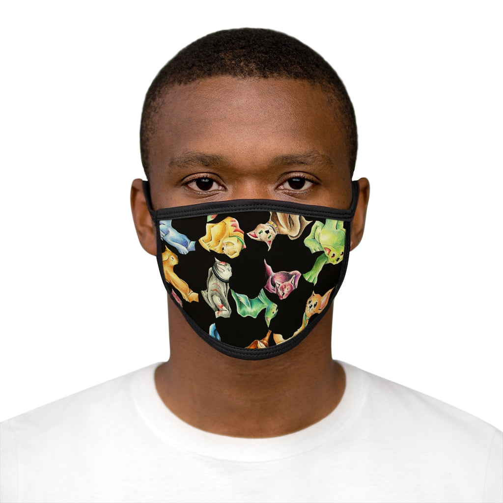 Cat Pattern Mixed-Fabric Face Mask featuring a playful cat design with a black outer edge and earloops.