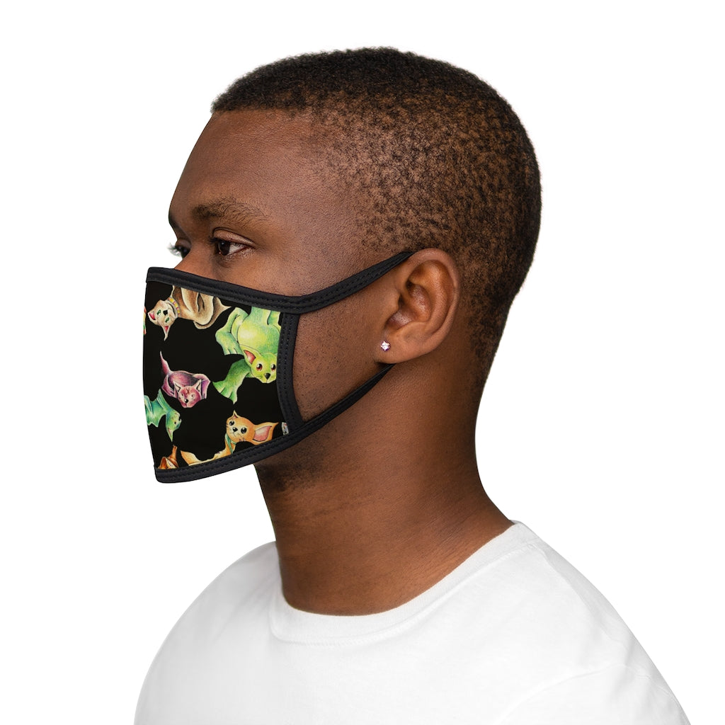Cat Pattern Mixed-Fabric Face Mask featuring a playful cat design with a black outer edge and earloops.