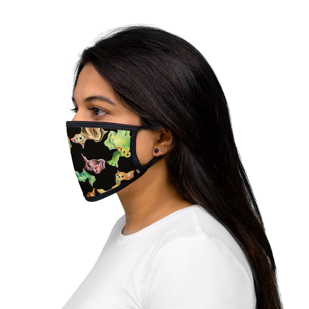 Cat Pattern Mixed-Fabric Face Mask featuring a playful cat design with a black outer edge and earloops.