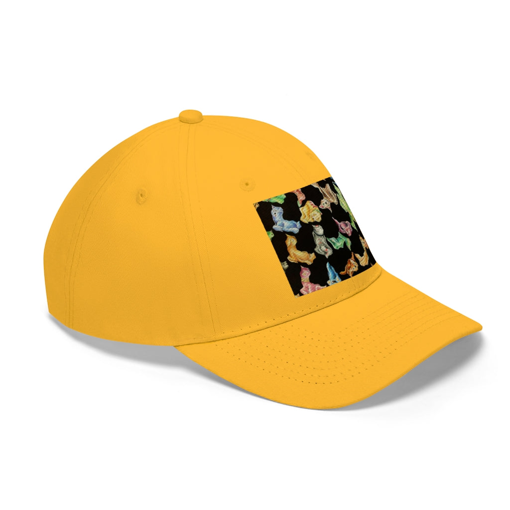 A stylish unisex twill hat featuring a playful cat pattern, made from 100% cotton twill with an adjustable Velcro closure.