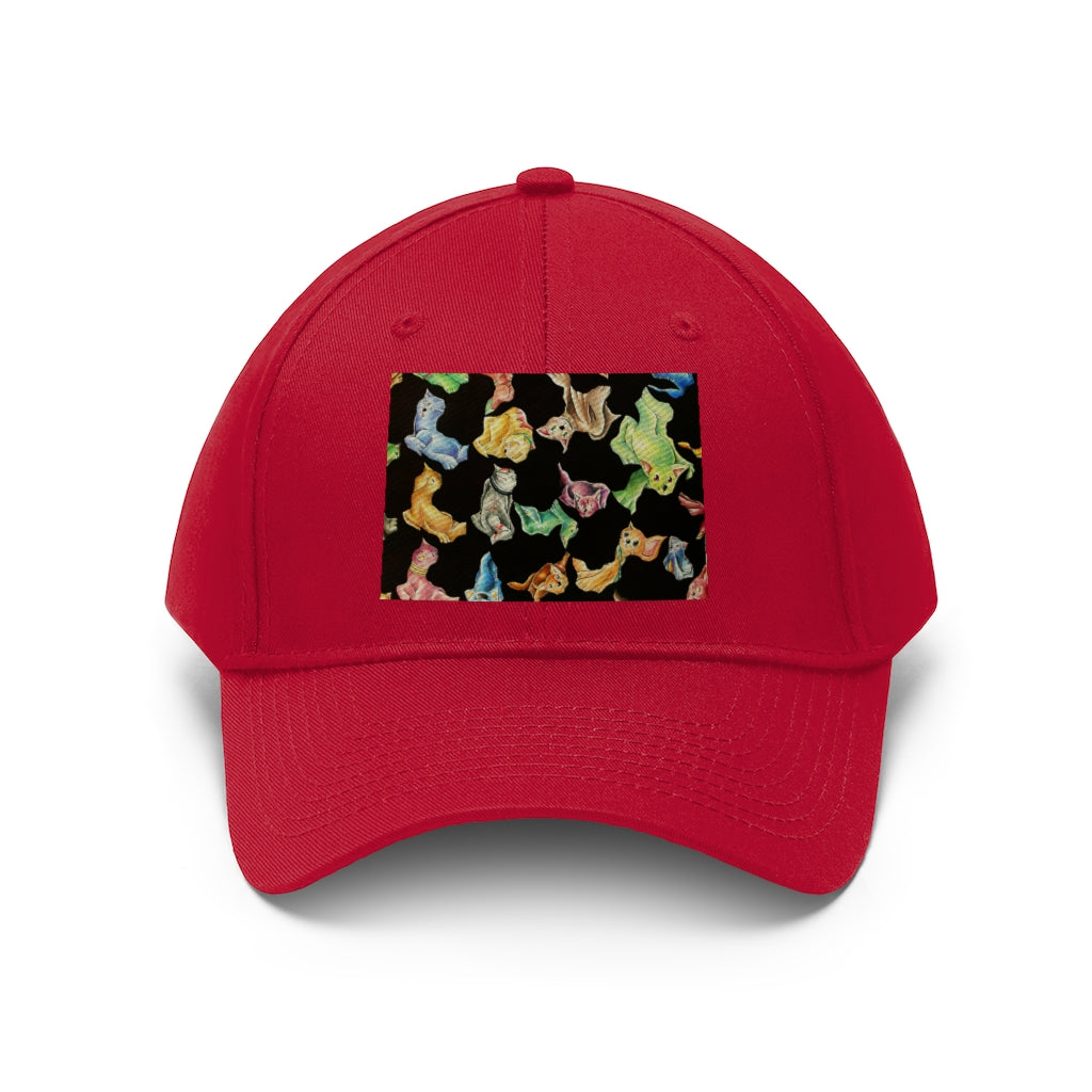 A stylish unisex twill hat featuring a playful cat pattern, made from 100% cotton twill with an adjustable Velcro closure.