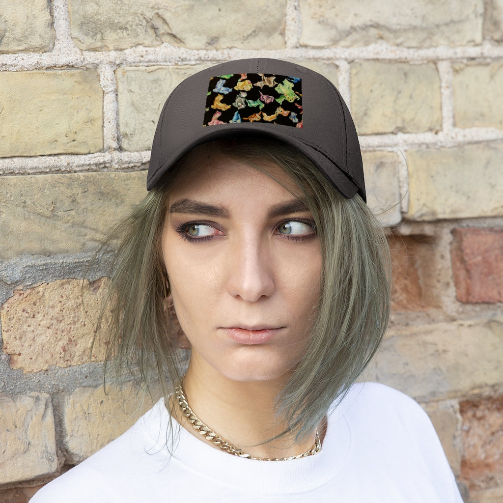 A stylish unisex twill hat featuring a playful cat pattern, made from 100% cotton twill with an adjustable Velcro closure.