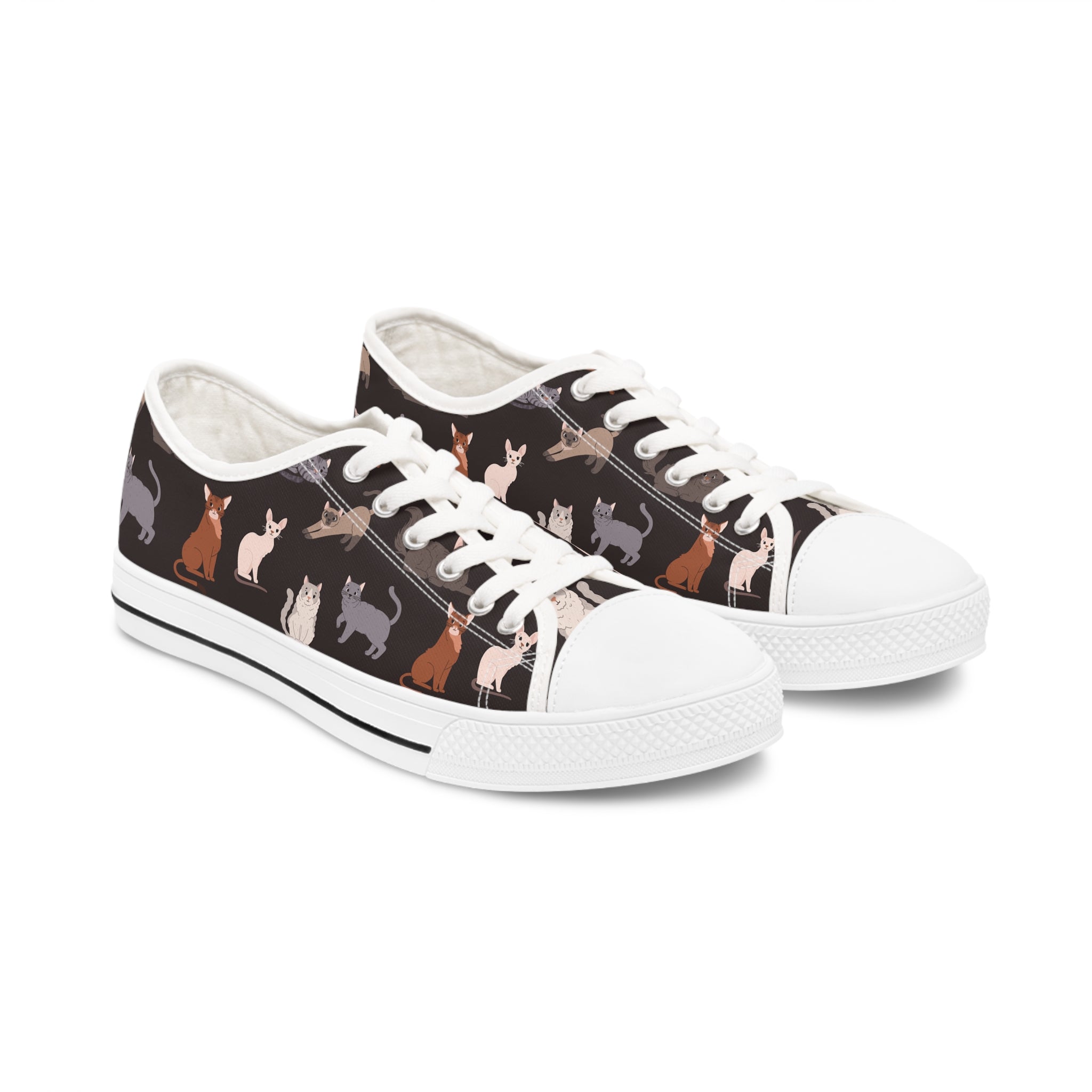 Stylish Cat Pattern Women's Low Top Sneakers featuring breathable canvas and memory foam insoles in black and white options.