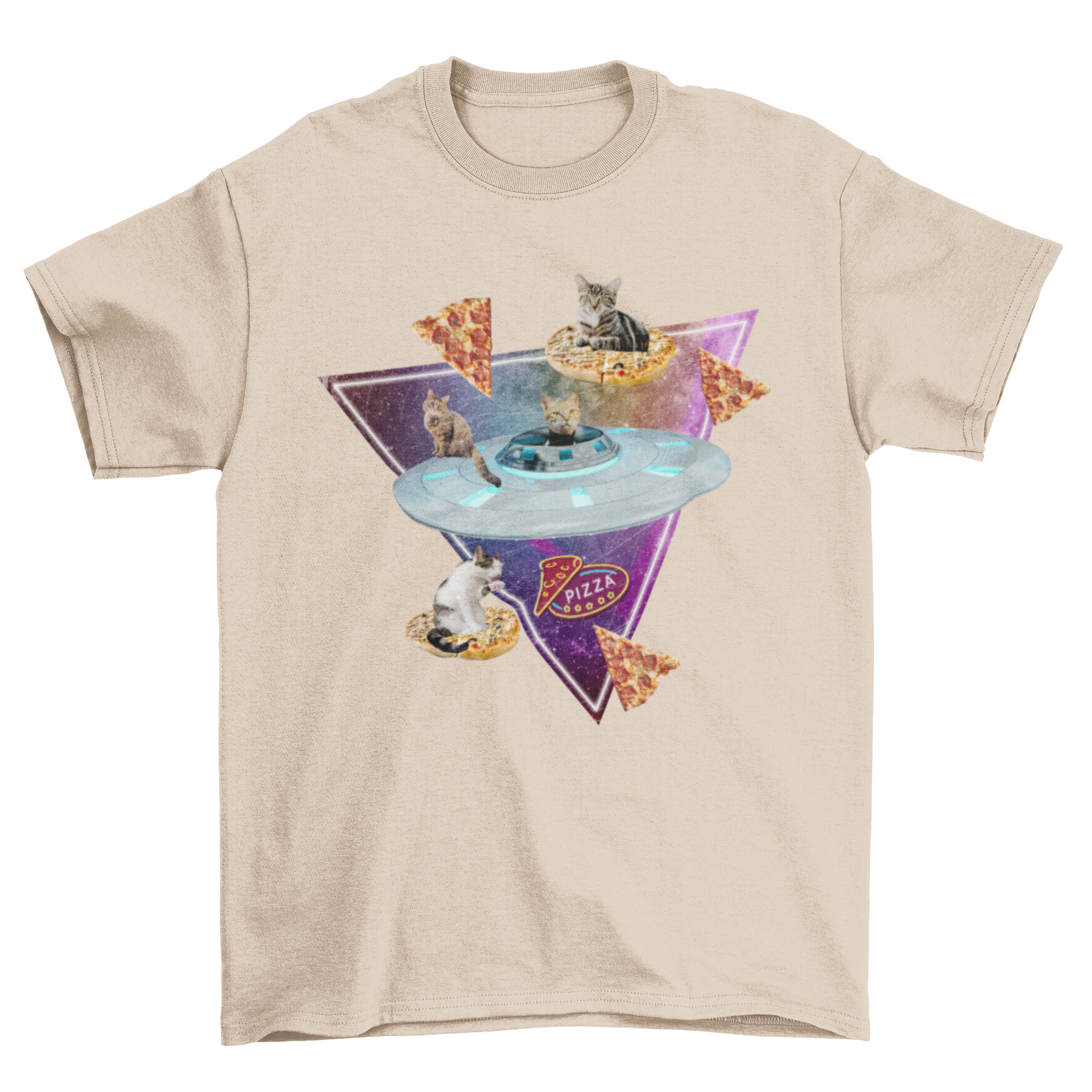 A colorful t-shirt featuring cats, flying pizza slices, and a yellow car in a whimsical design.