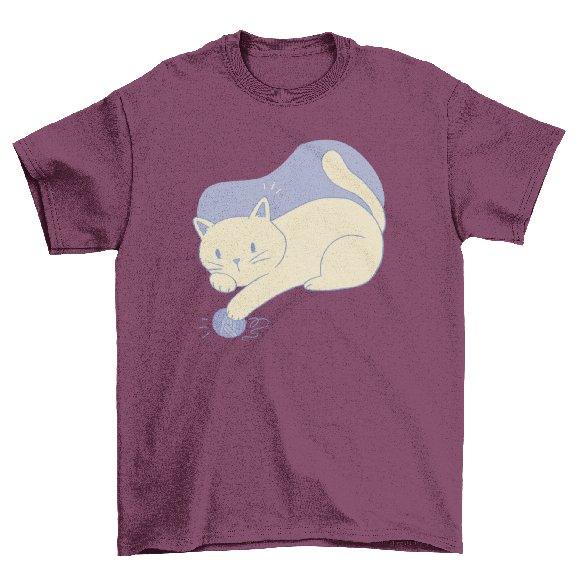 A stylish t-shirt featuring a playful cat design in duotone, interacting with a ball of yarn.