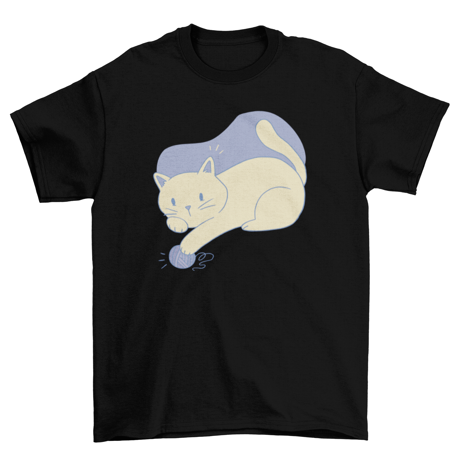 A stylish t-shirt featuring a playful cat design in duotone, interacting with a ball of yarn.