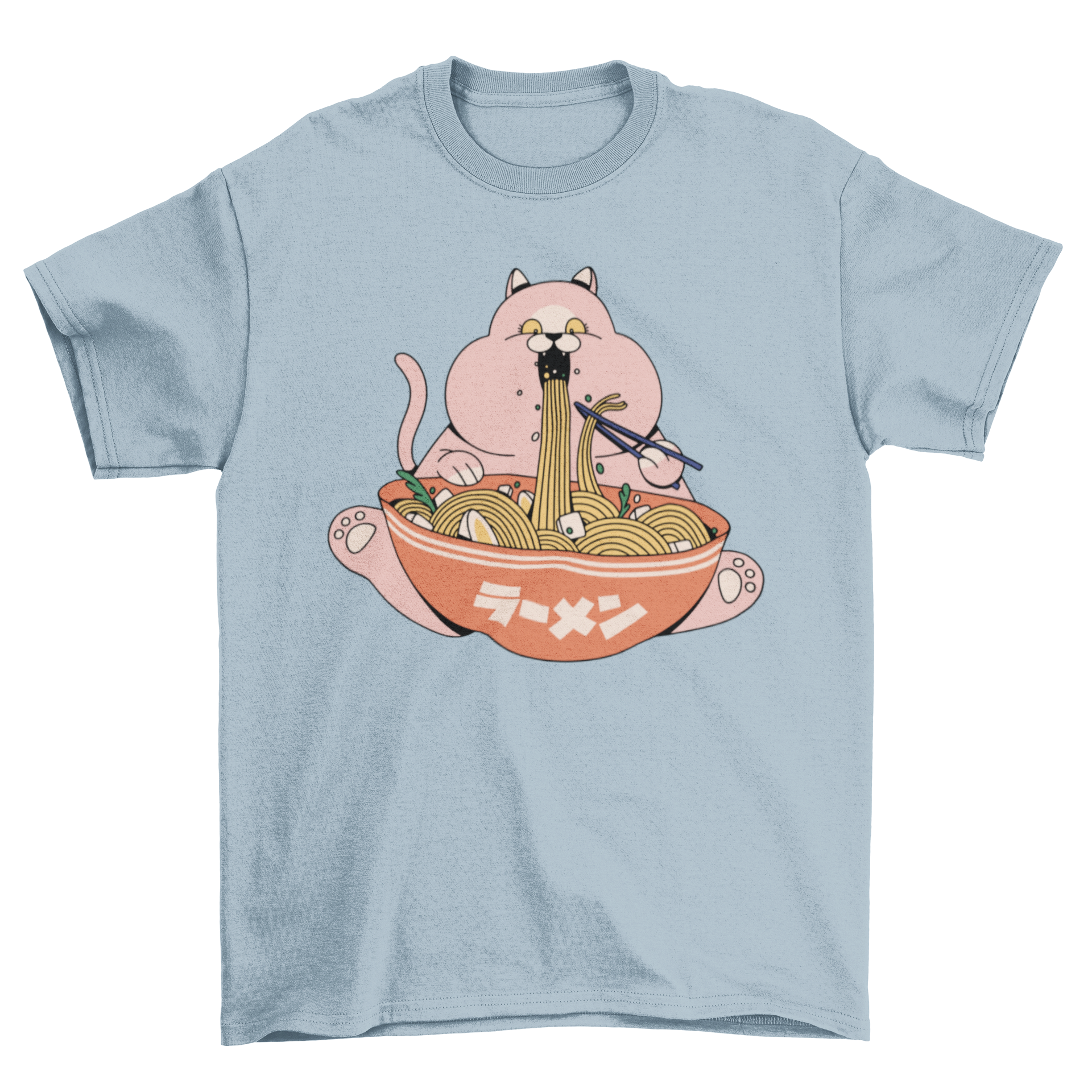 A pink cat happily eating ramen noodles on a stylish t-shirt.