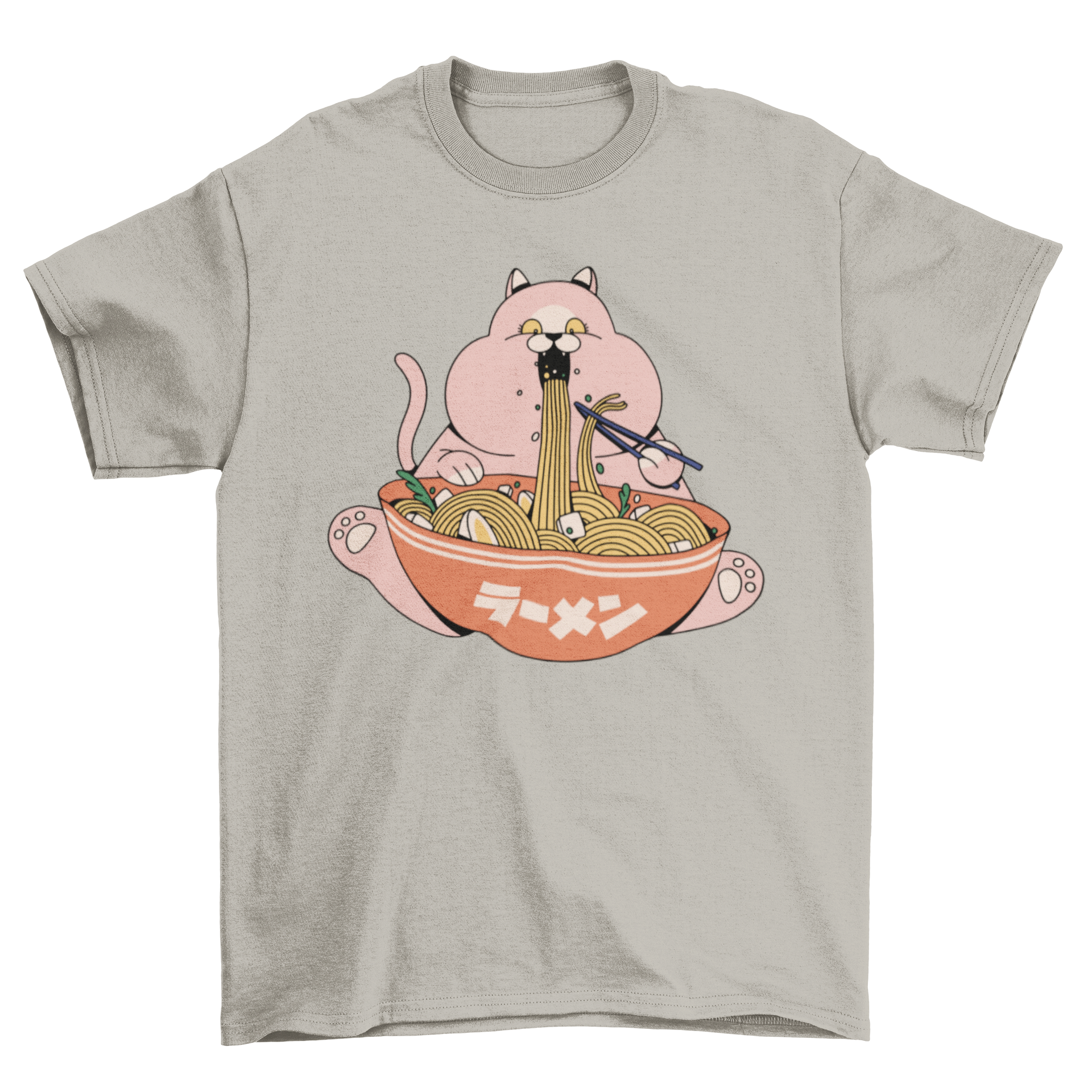 A pink cat happily eating ramen noodles on a stylish t-shirt.