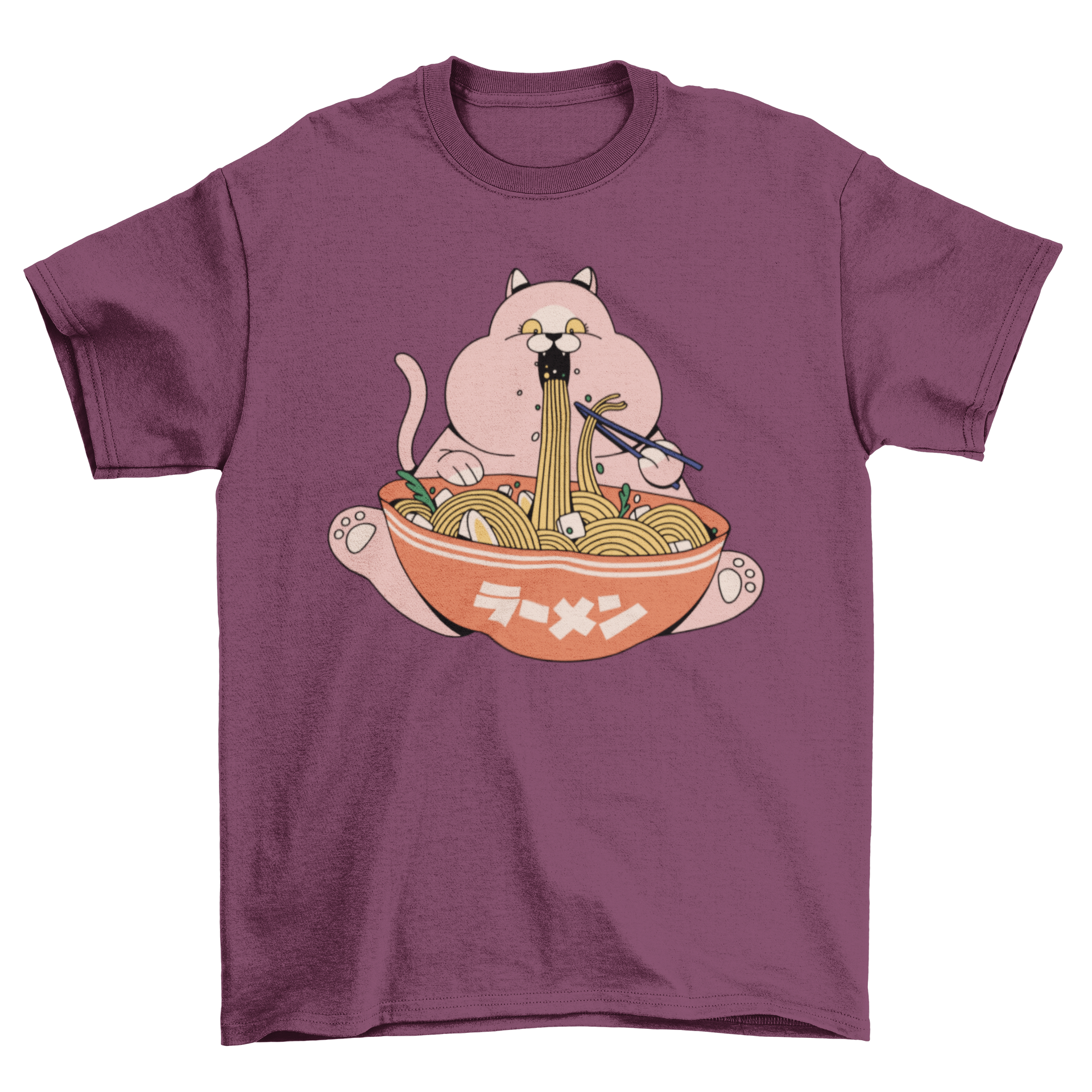 A pink cat happily eating ramen noodles on a stylish t-shirt.