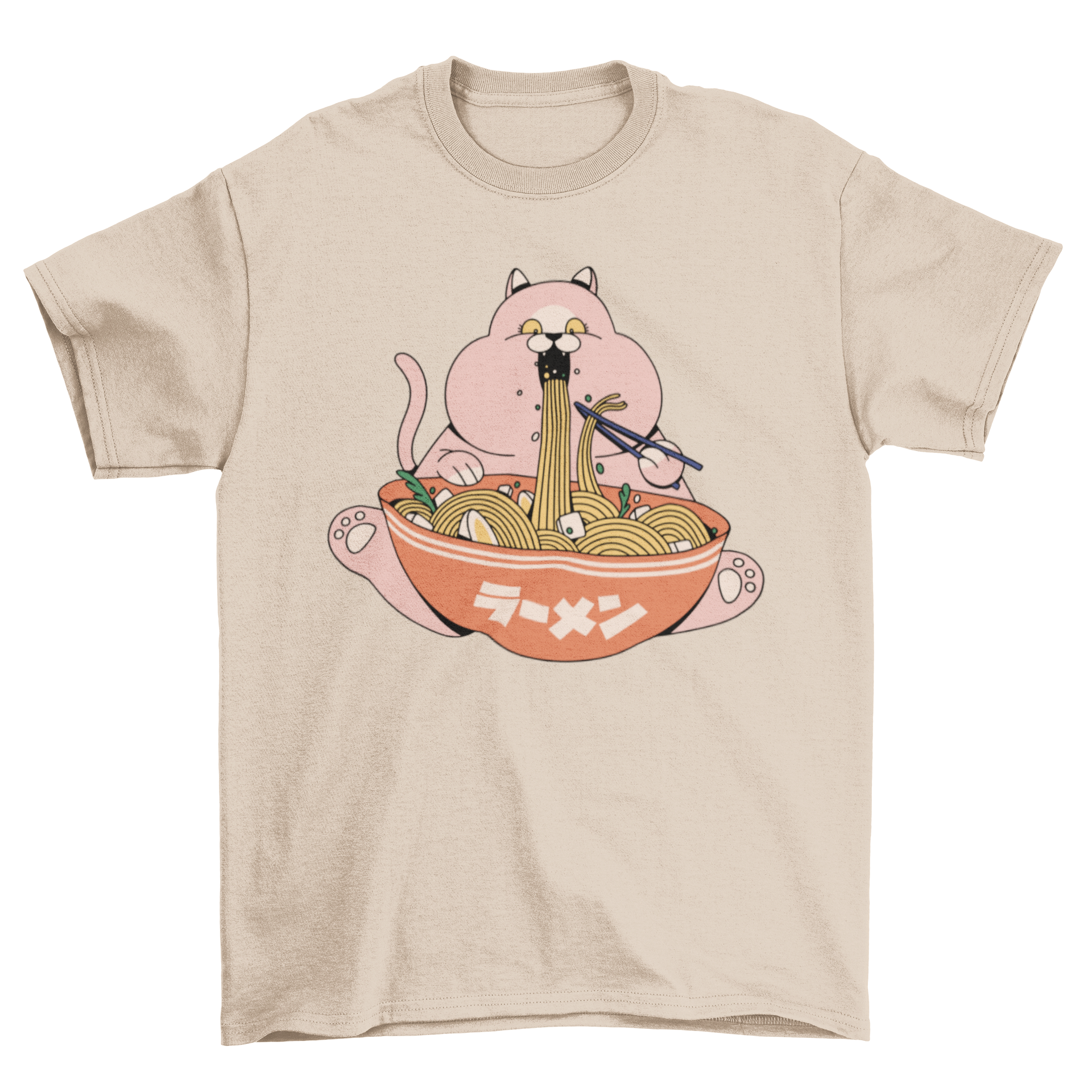 A pink cat happily eating ramen noodles on a stylish t-shirt.