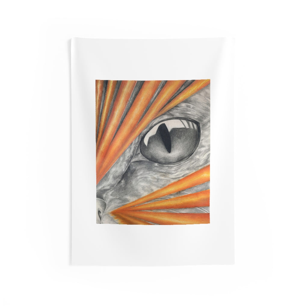 Colorful Cat Rays Indoor Wall Tapestry showcasing vibrant cat designs on a durable polyester fabric.