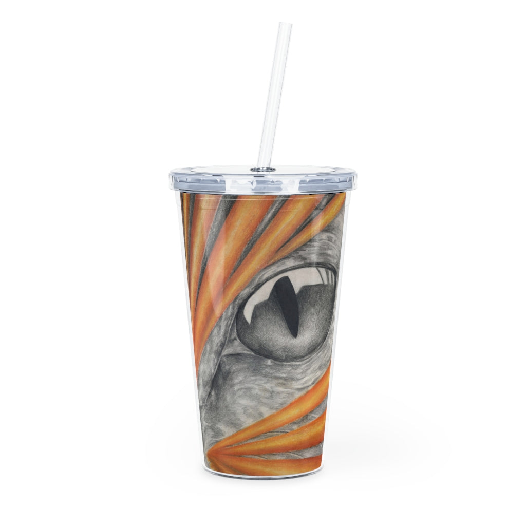 Cat Rays Plastic Tumbler with Straw featuring a customizable design, lid, and straw, perfect for drinks at events.