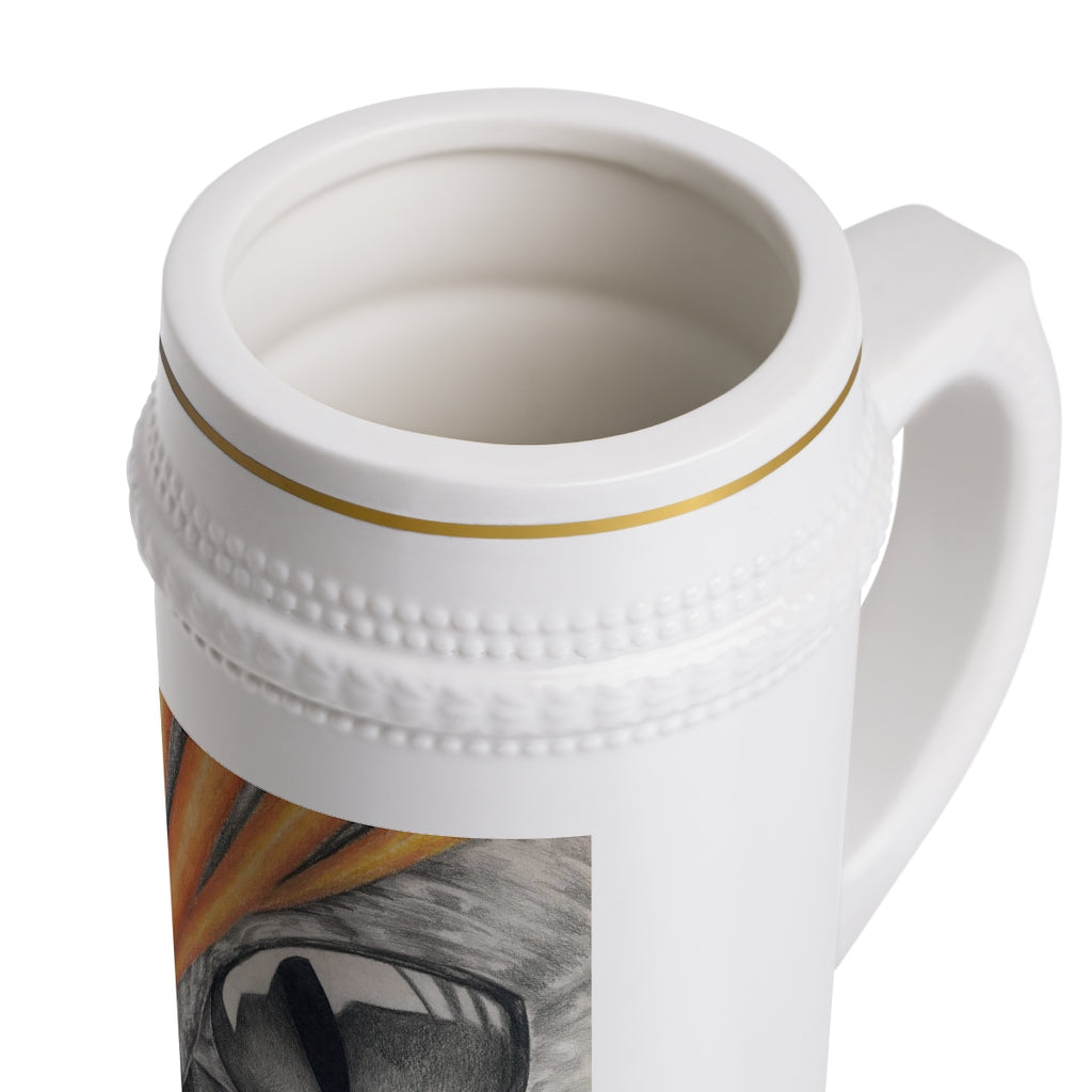 Cat Rays Stein Mug made of durable white ceramic with ribbed outlines, customizable design, and dishwasher-safe feature.