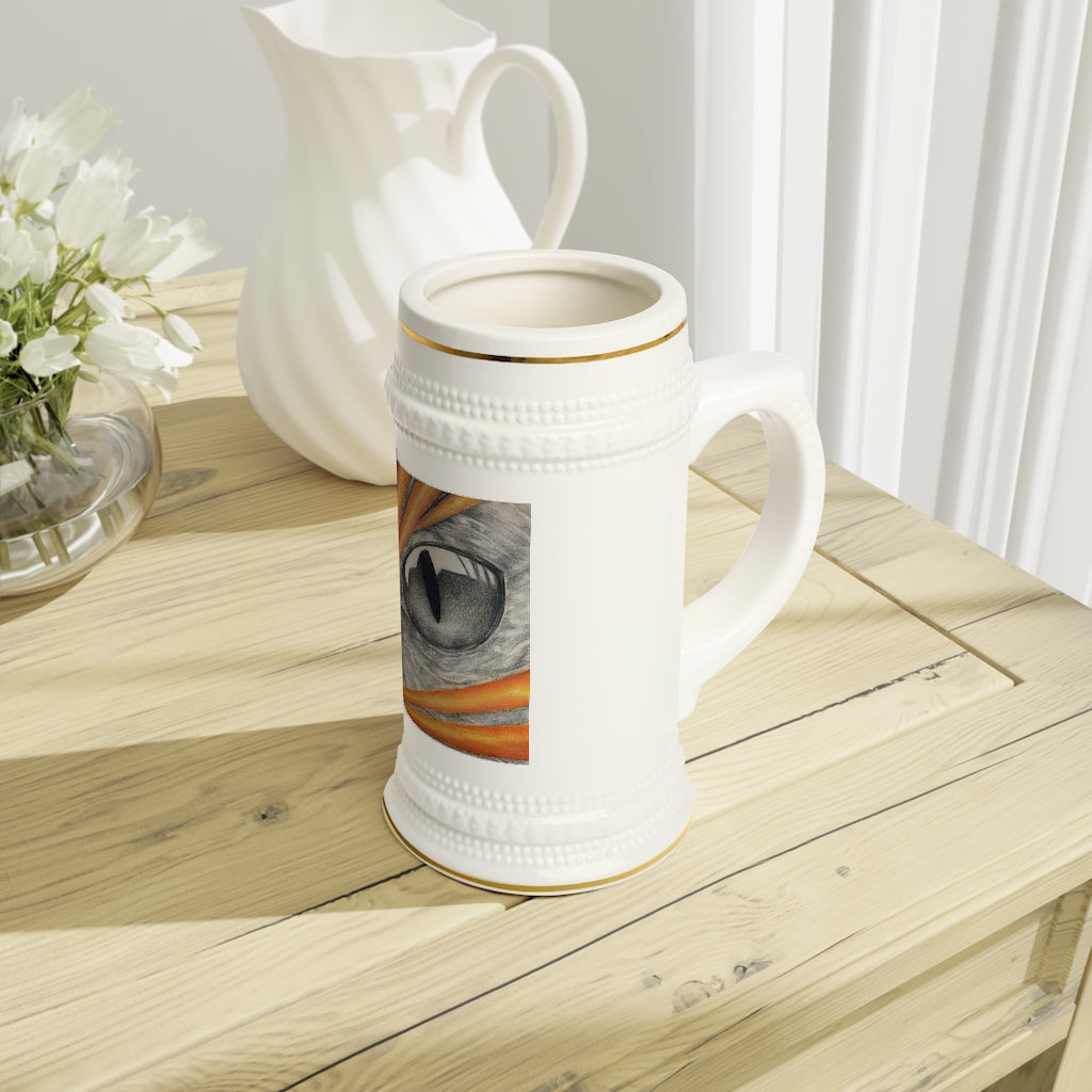Cat Rays Stein Mug made of durable white ceramic with ribbed outlines, customizable design, and dishwasher-safe feature.