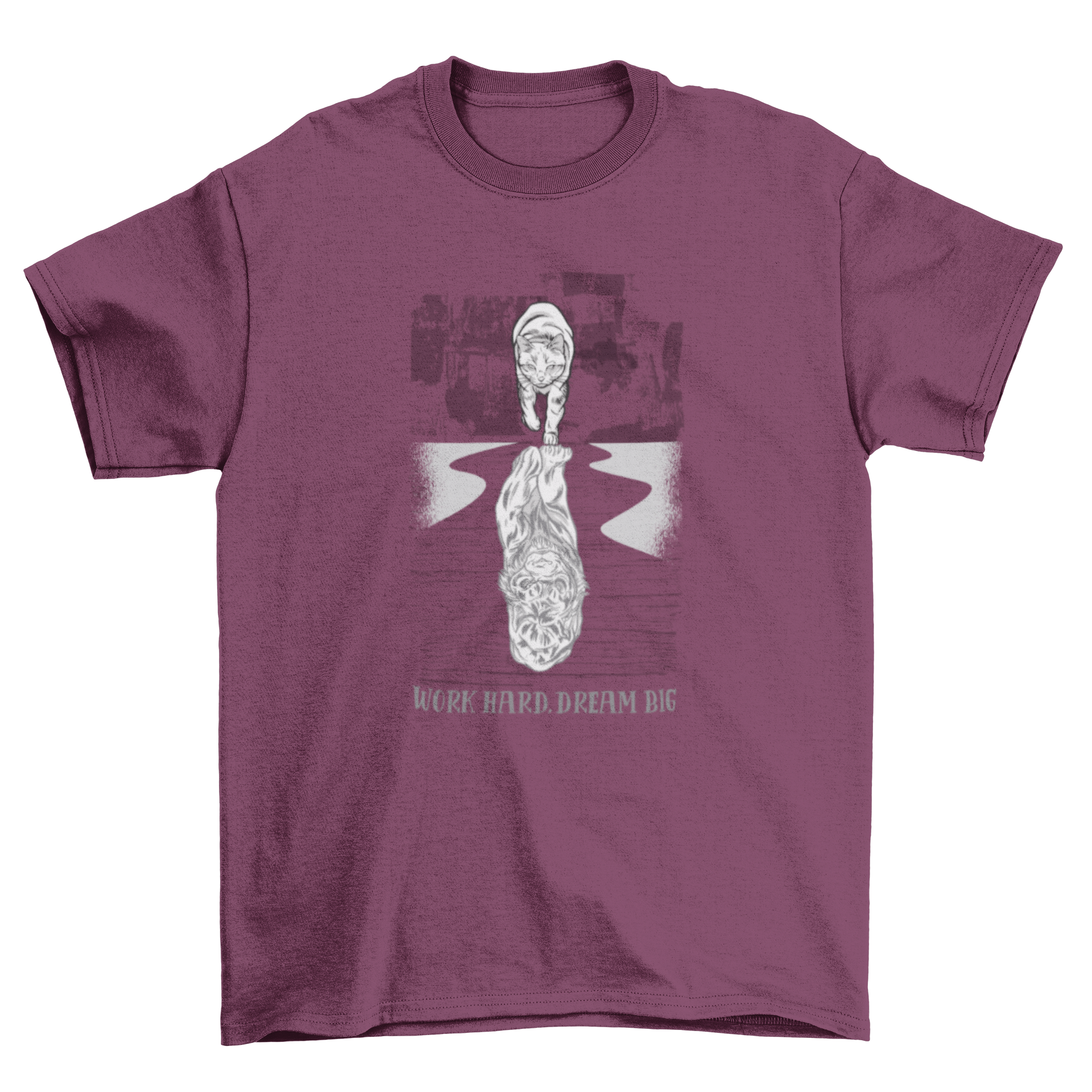 A stylish t-shirt featuring a cat's reflection as a tiger with the quote 'Work hard, dream big'.
