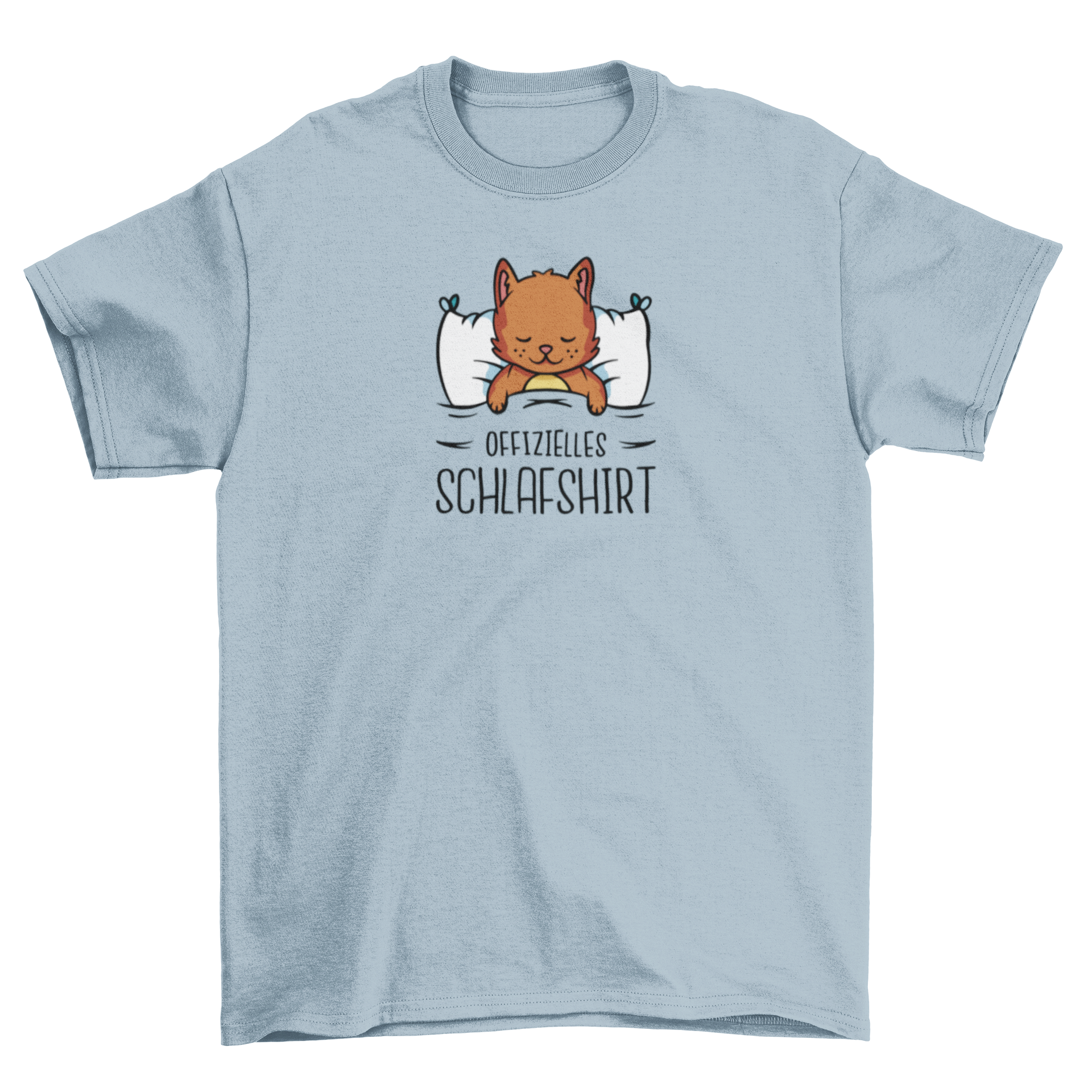 A cute cartoon t-shirt featuring a sleeping cat and a German quote that reads 'Official sleep shirt'.
