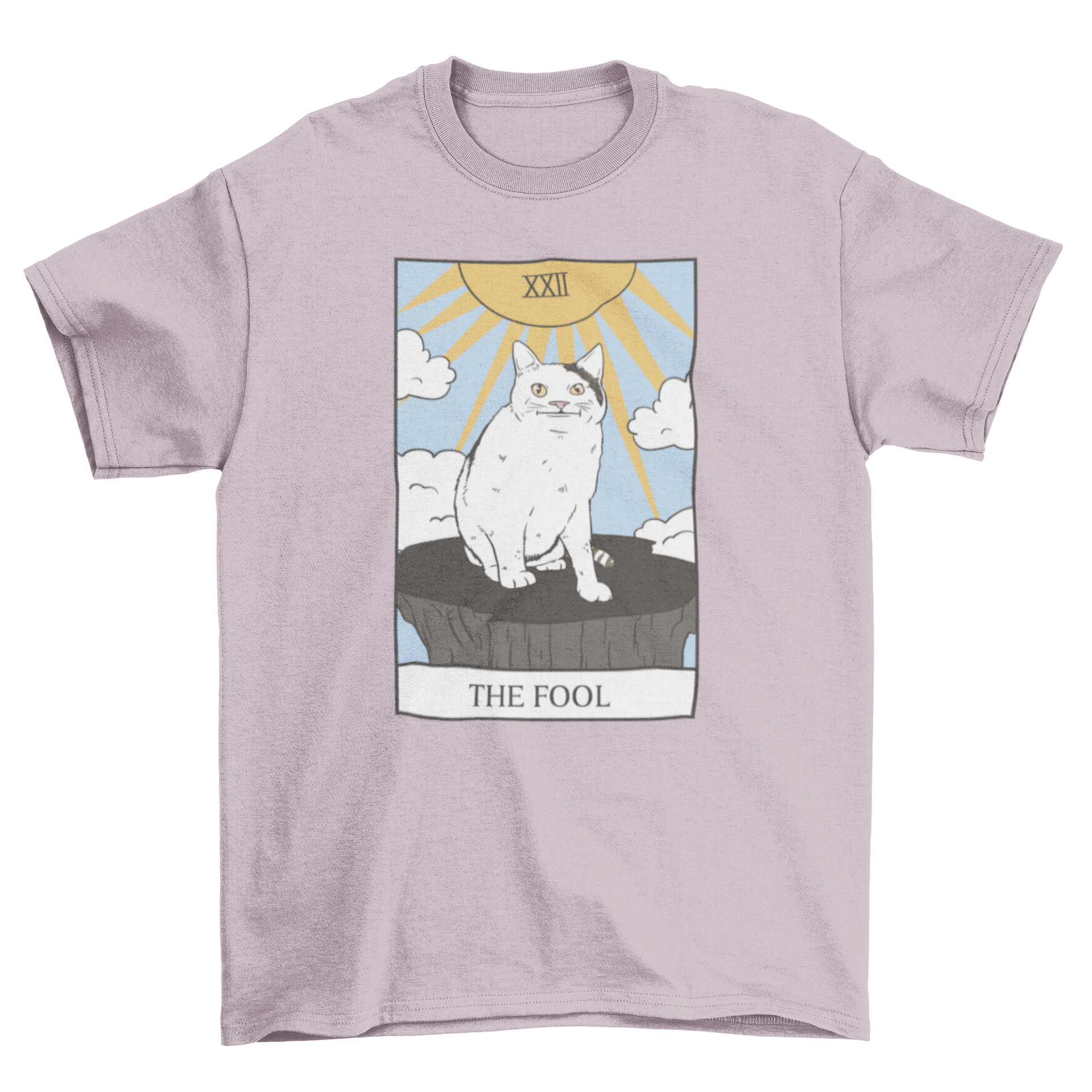 A playful t-shirt featuring a tarot card design with a cat and the title 'The Fool', showcasing vibrant colors and intricate details.