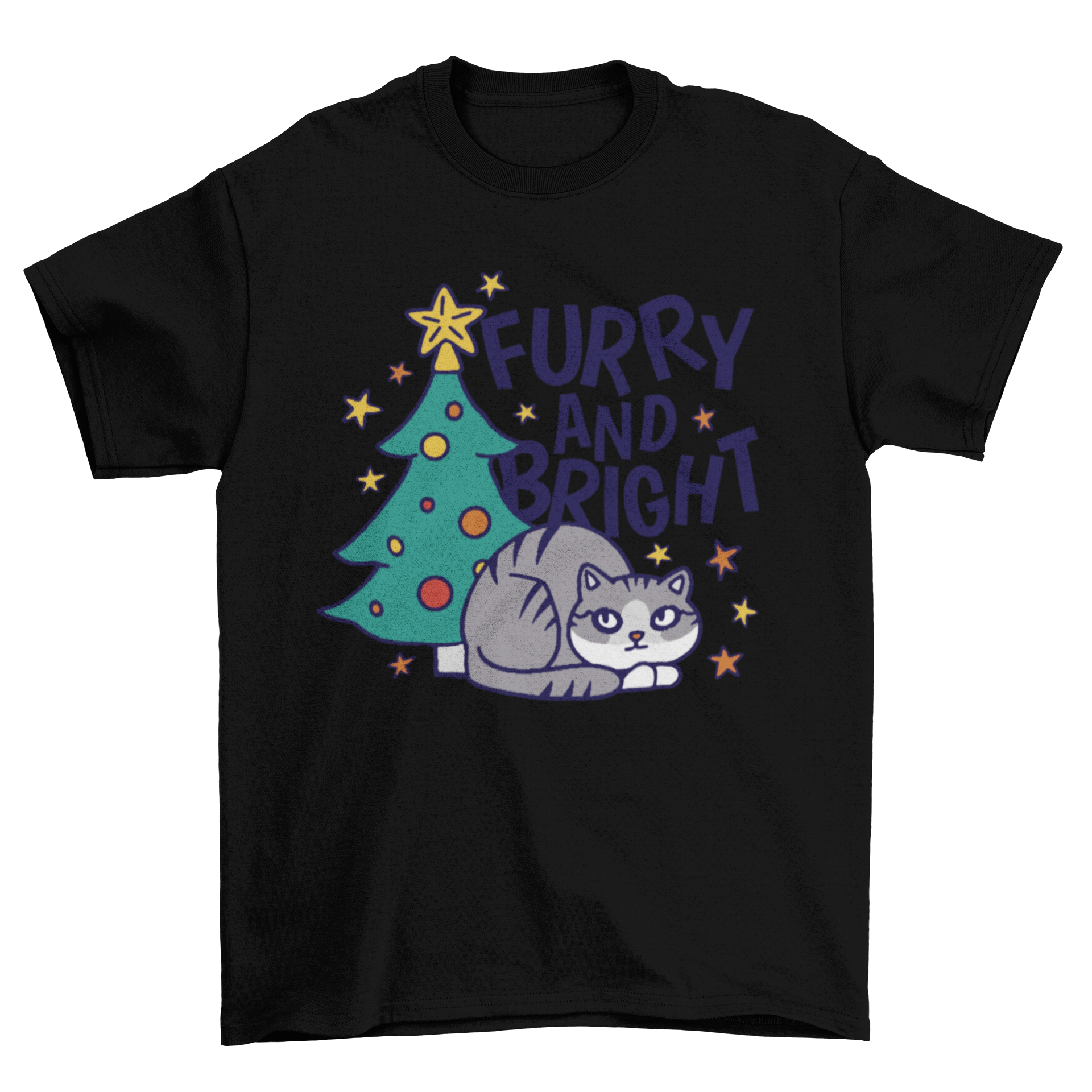 A festive t-shirt featuring a cute cat sitting under a decorated Christmas tree with the quote 'Furry and bright'.