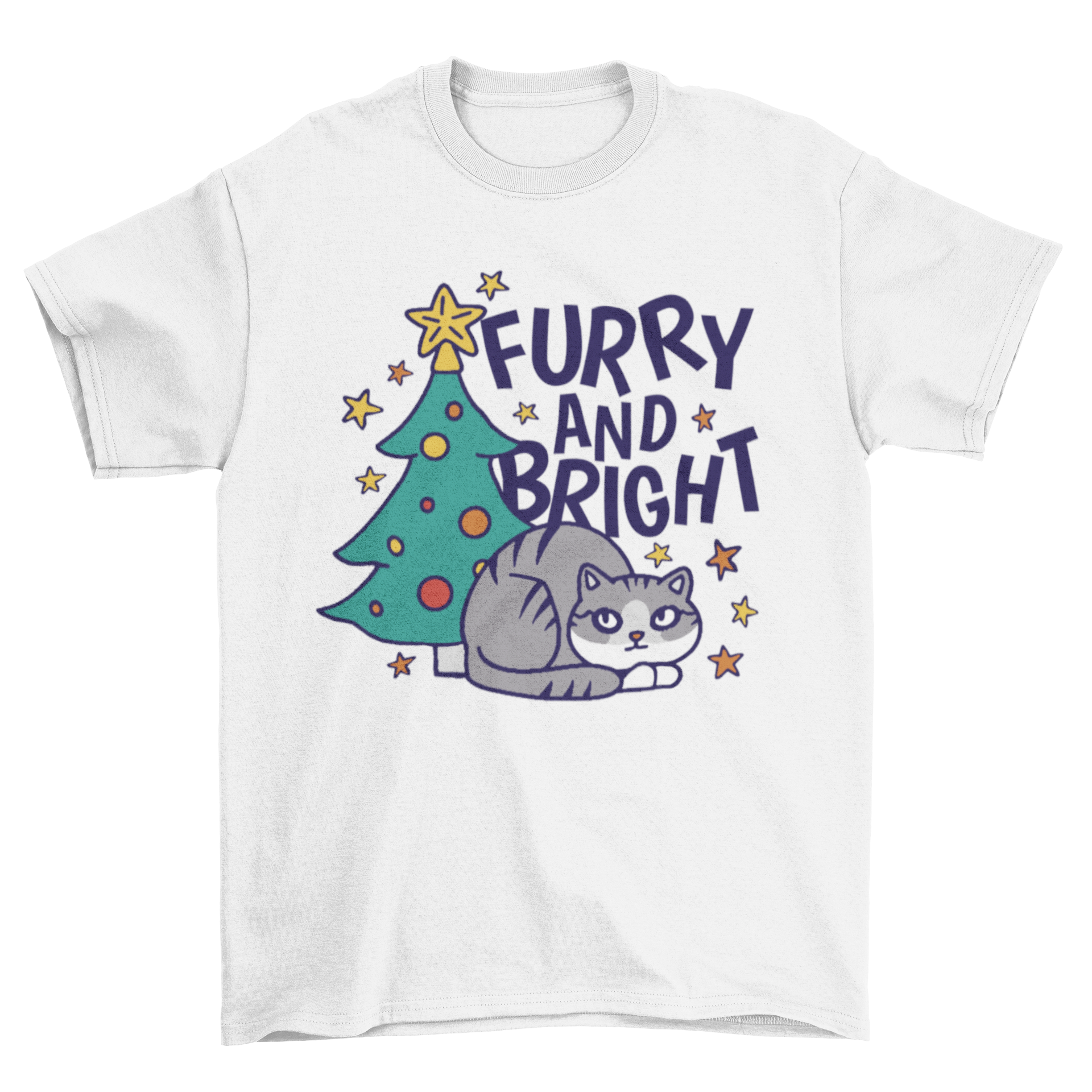 A festive t-shirt featuring a cute cat sitting under a decorated Christmas tree with the quote 'Furry and bright'.