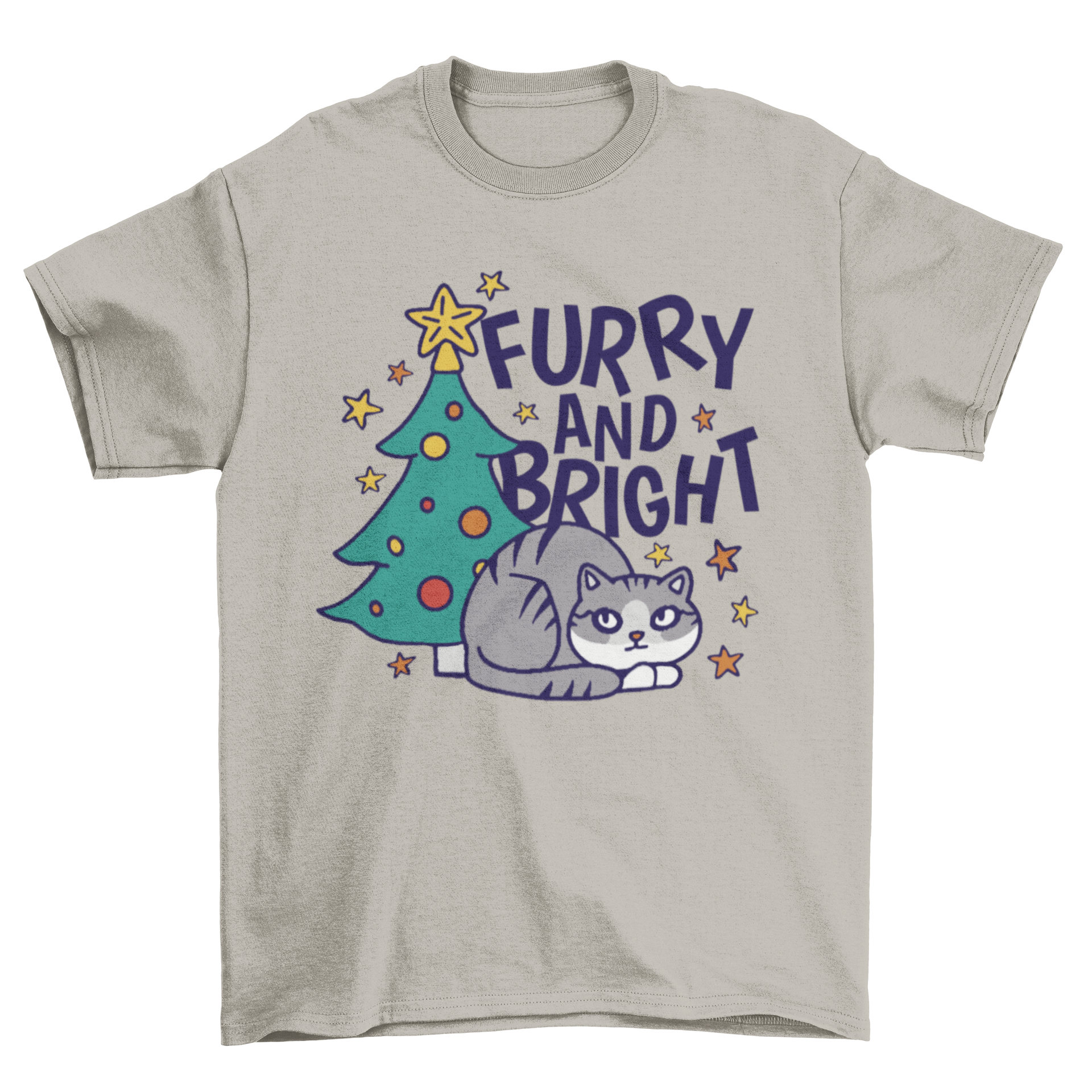 A festive t-shirt featuring a cute cat sitting under a decorated Christmas tree with the quote 'Furry and bright'.