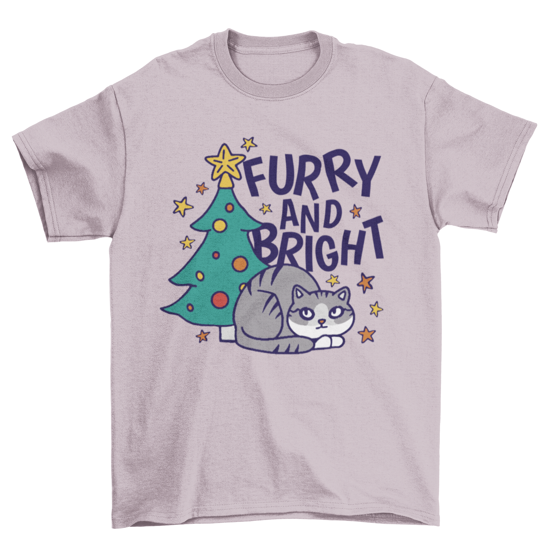 A festive t-shirt featuring a cute cat sitting under a decorated Christmas tree with the quote 'Furry and bright'.
