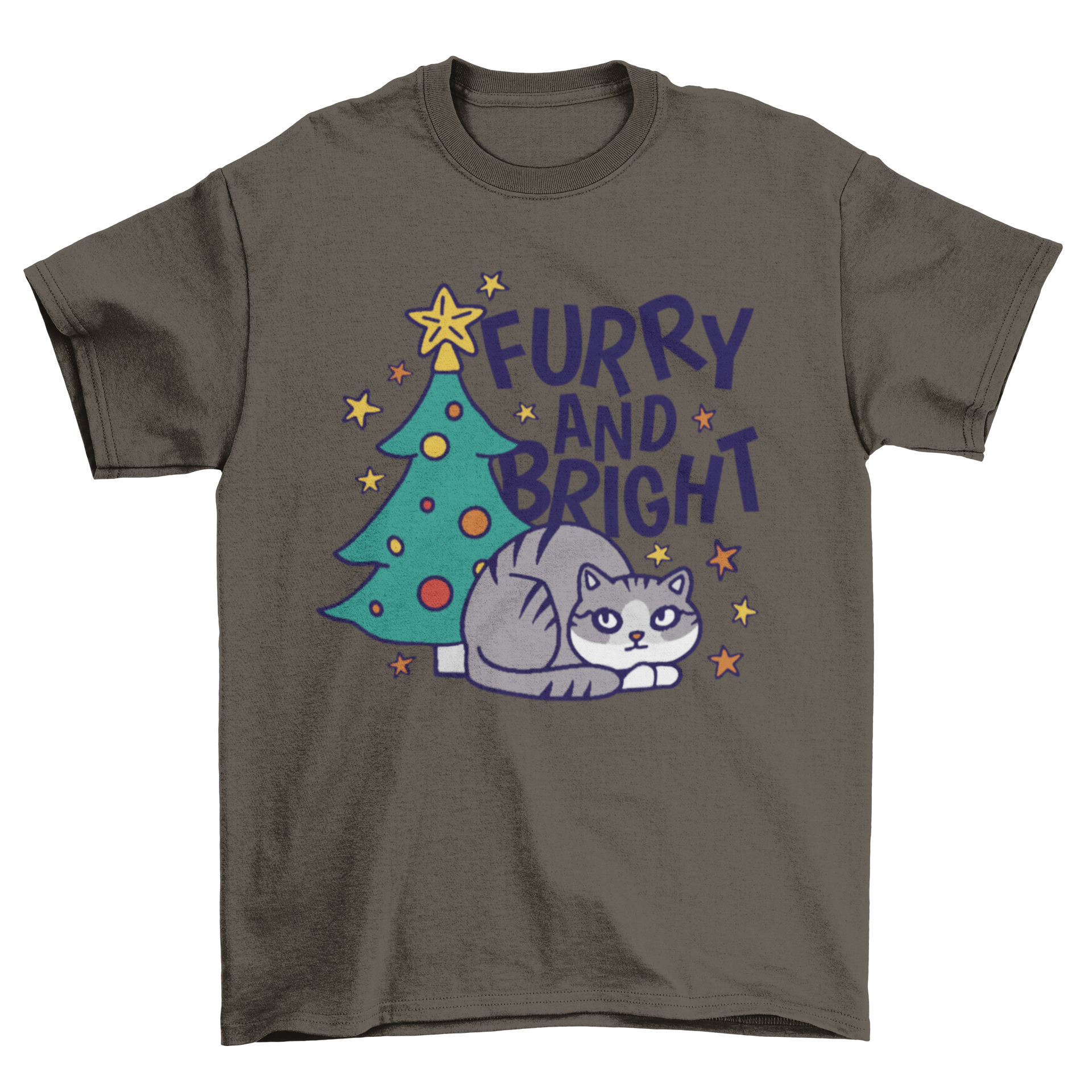 A festive t-shirt featuring a cute cat sitting under a decorated Christmas tree with the quote 'Furry and bright'.