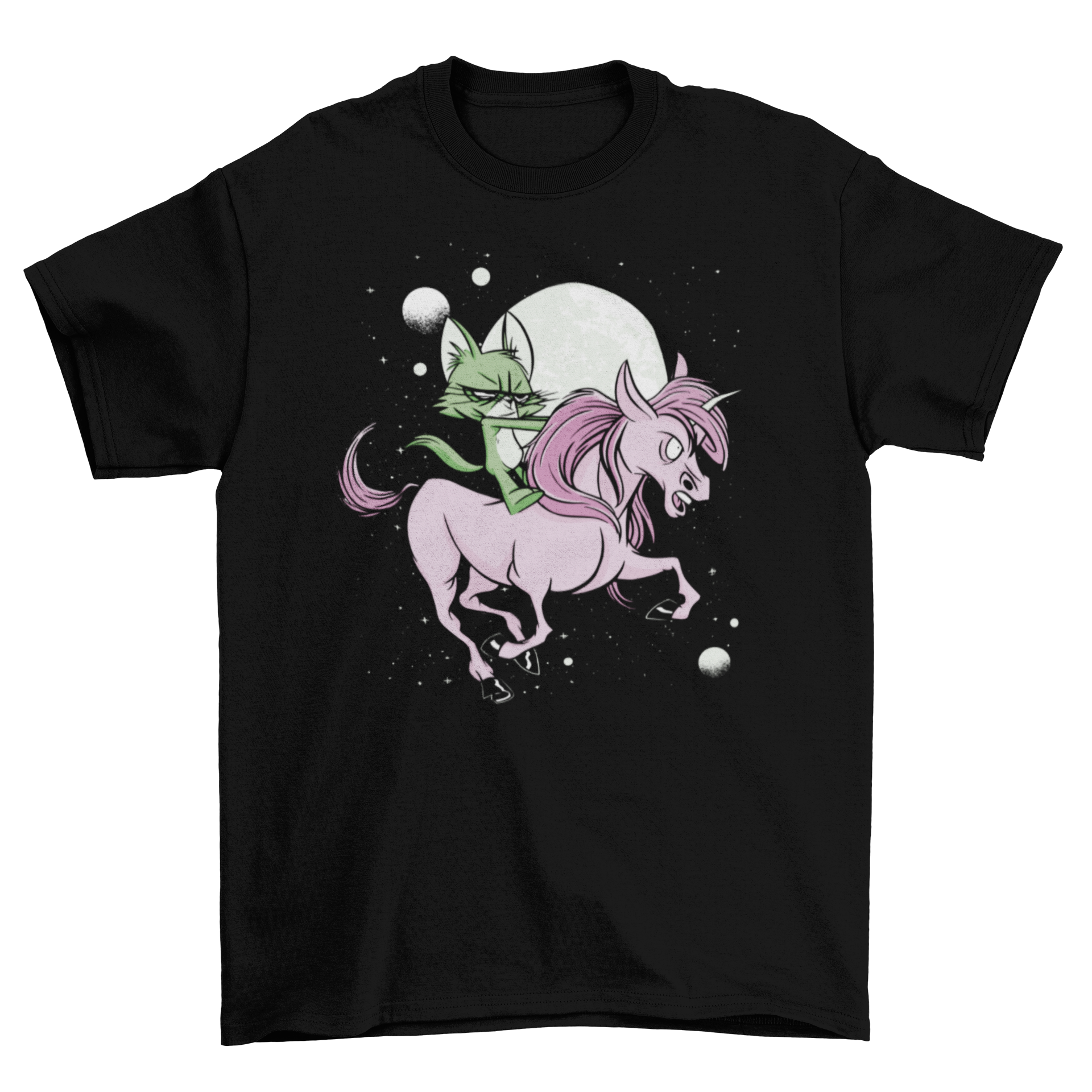 A whimsical cartoon t-shirt featuring a cat riding a unicorn in front of a full moon, showcasing vibrant colors and playful design.