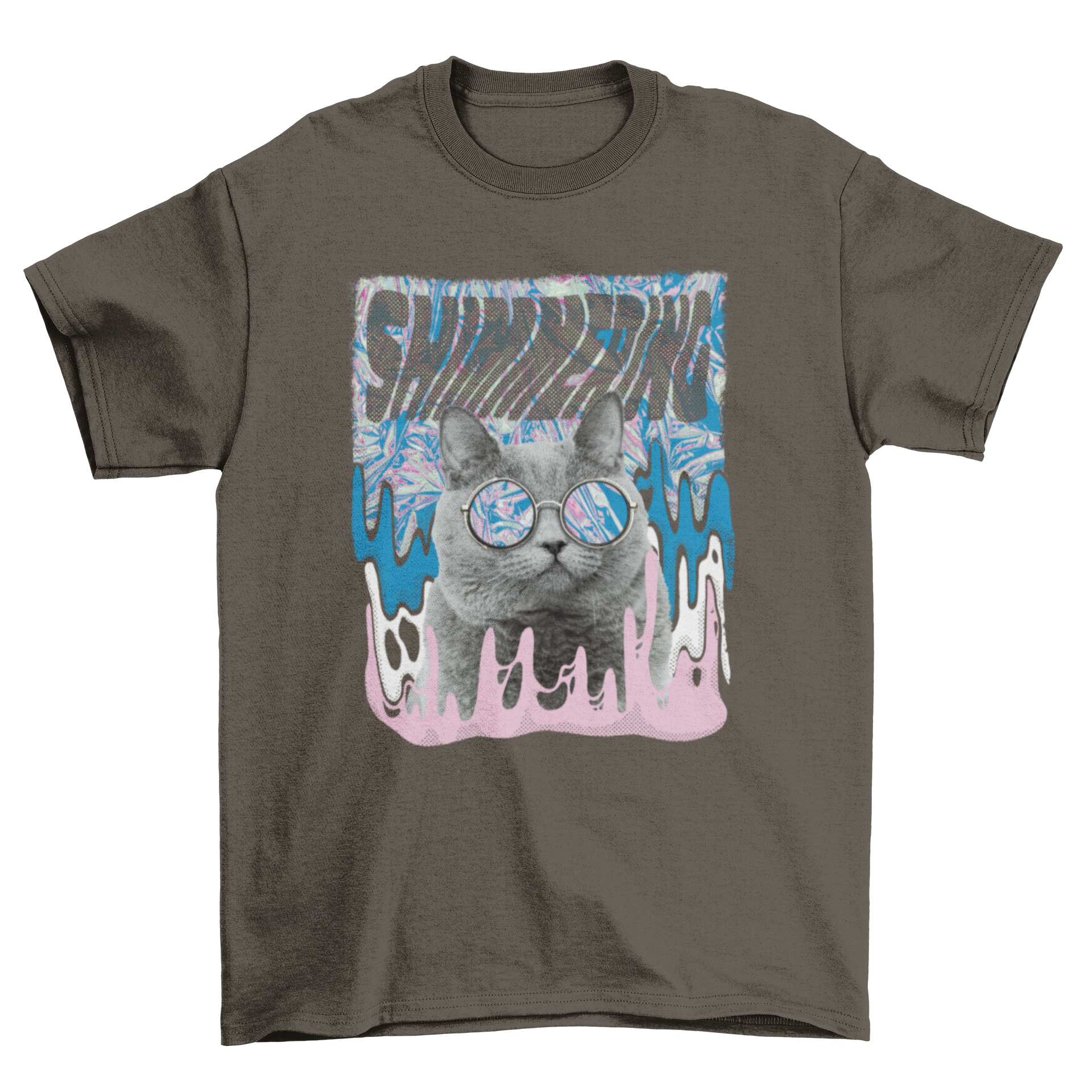 A trendy t-shirt design featuring a cool cat wearing sunglasses with the quote 'Shimmering'.