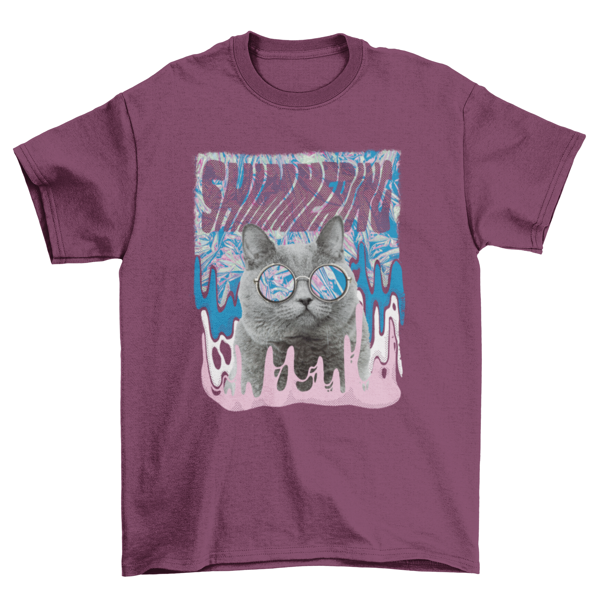 A trendy t-shirt design featuring a cool cat wearing sunglasses with the quote 'Shimmering'.