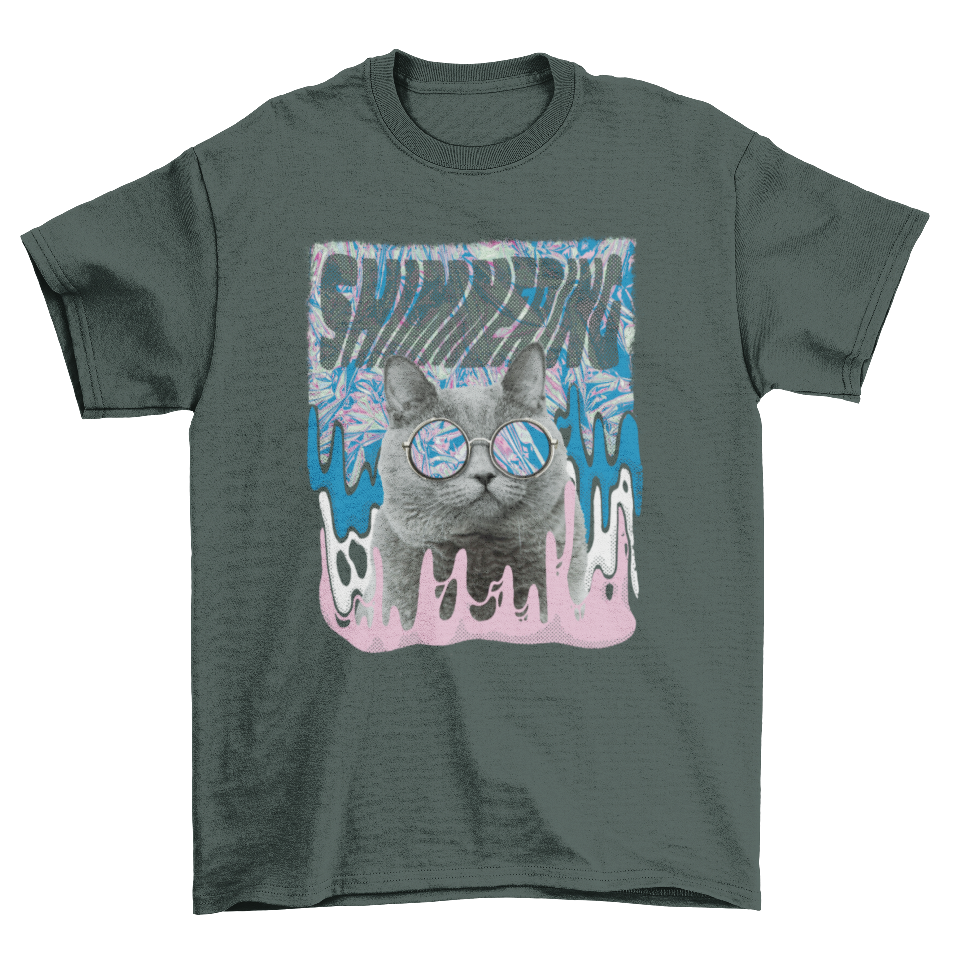 A trendy t-shirt design featuring a cool cat wearing sunglasses with the quote 'Shimmering'.