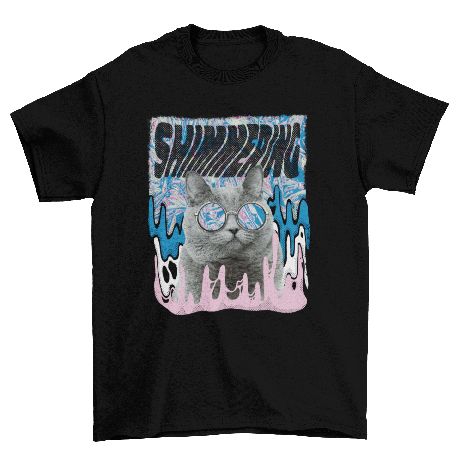 A trendy t-shirt design featuring a cool cat wearing sunglasses with the quote 'Shimmering'.