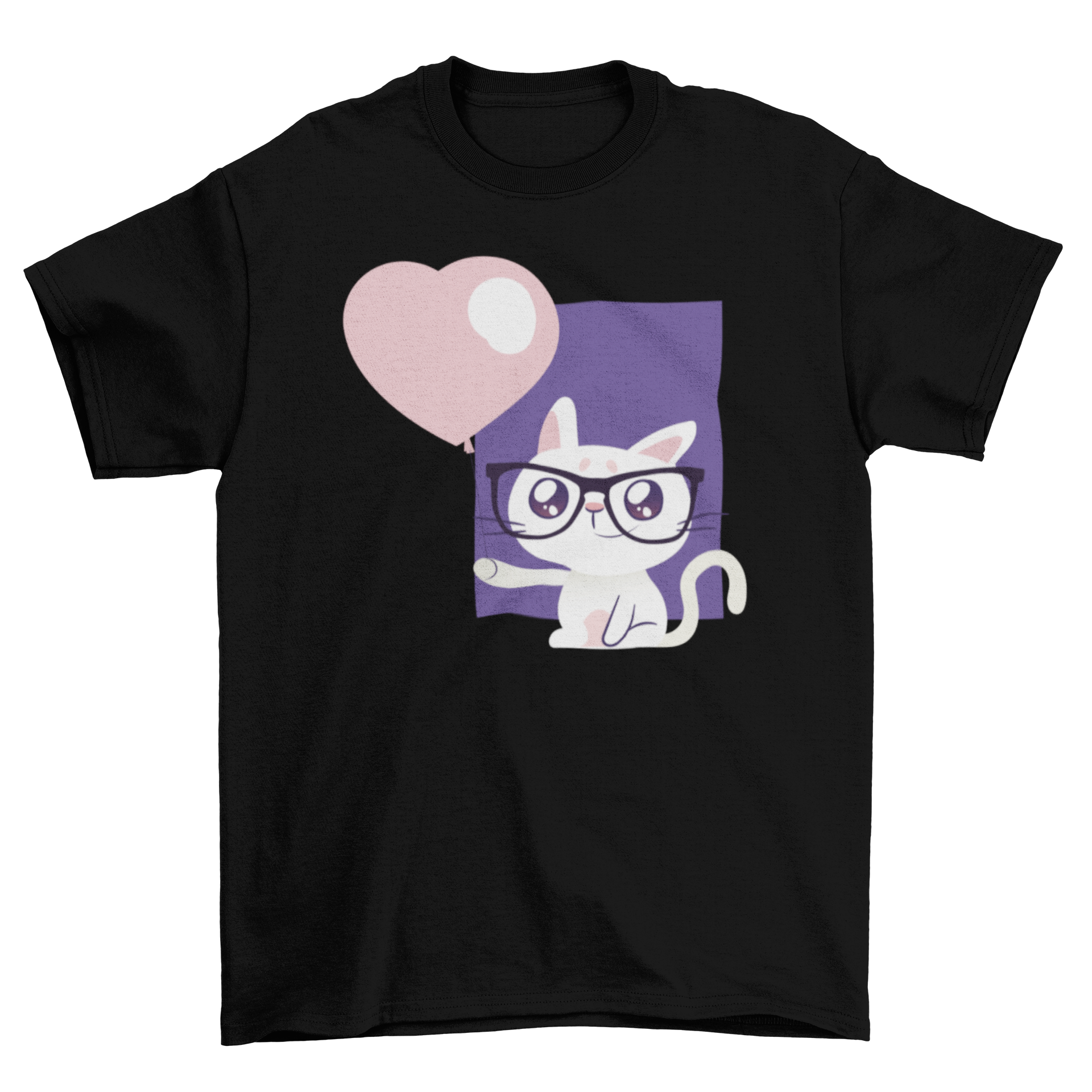 A stylish t-shirt featuring a cute cat wearing glasses and holding a heart-shaped balloon, perfect for cat lovers.