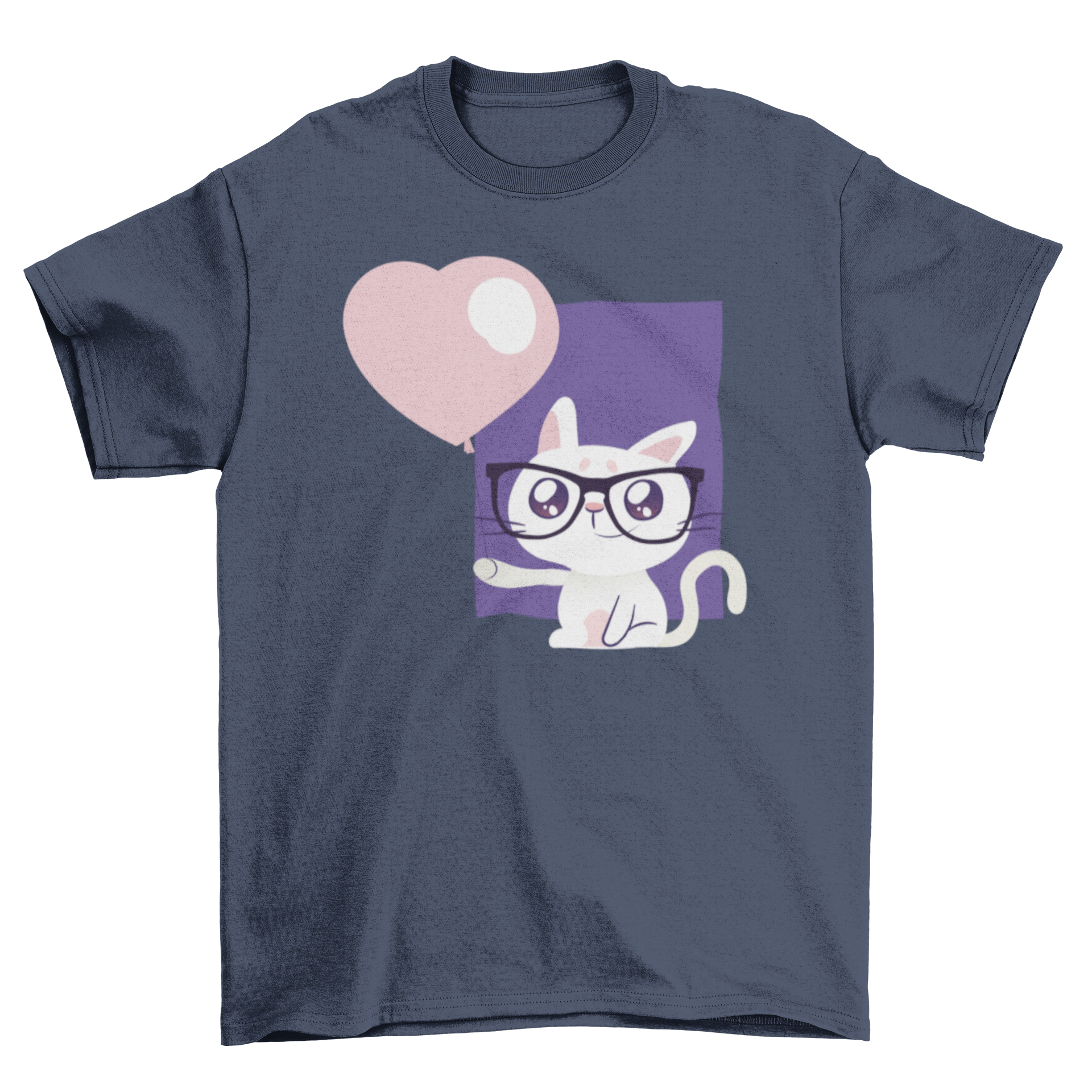 A stylish t-shirt featuring a cute cat wearing glasses and holding a heart-shaped balloon, perfect for cat lovers.