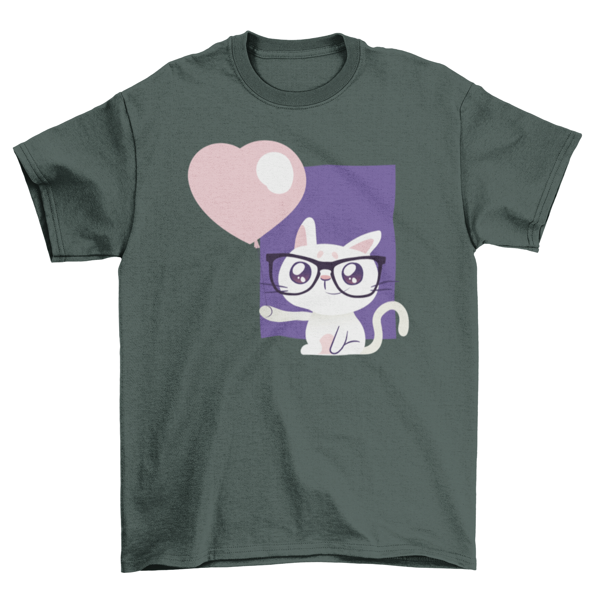 A stylish t-shirt featuring a cute cat wearing glasses and holding a heart-shaped balloon, perfect for cat lovers.