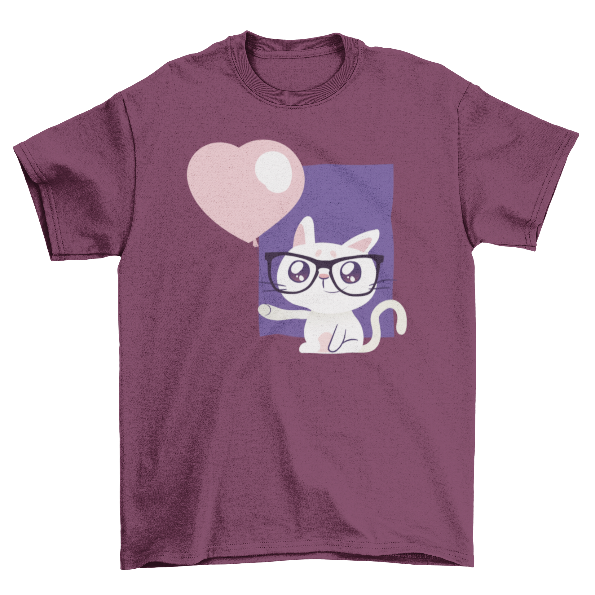 A stylish t-shirt featuring a cute cat wearing glasses and holding a heart-shaped balloon, perfect for cat lovers.