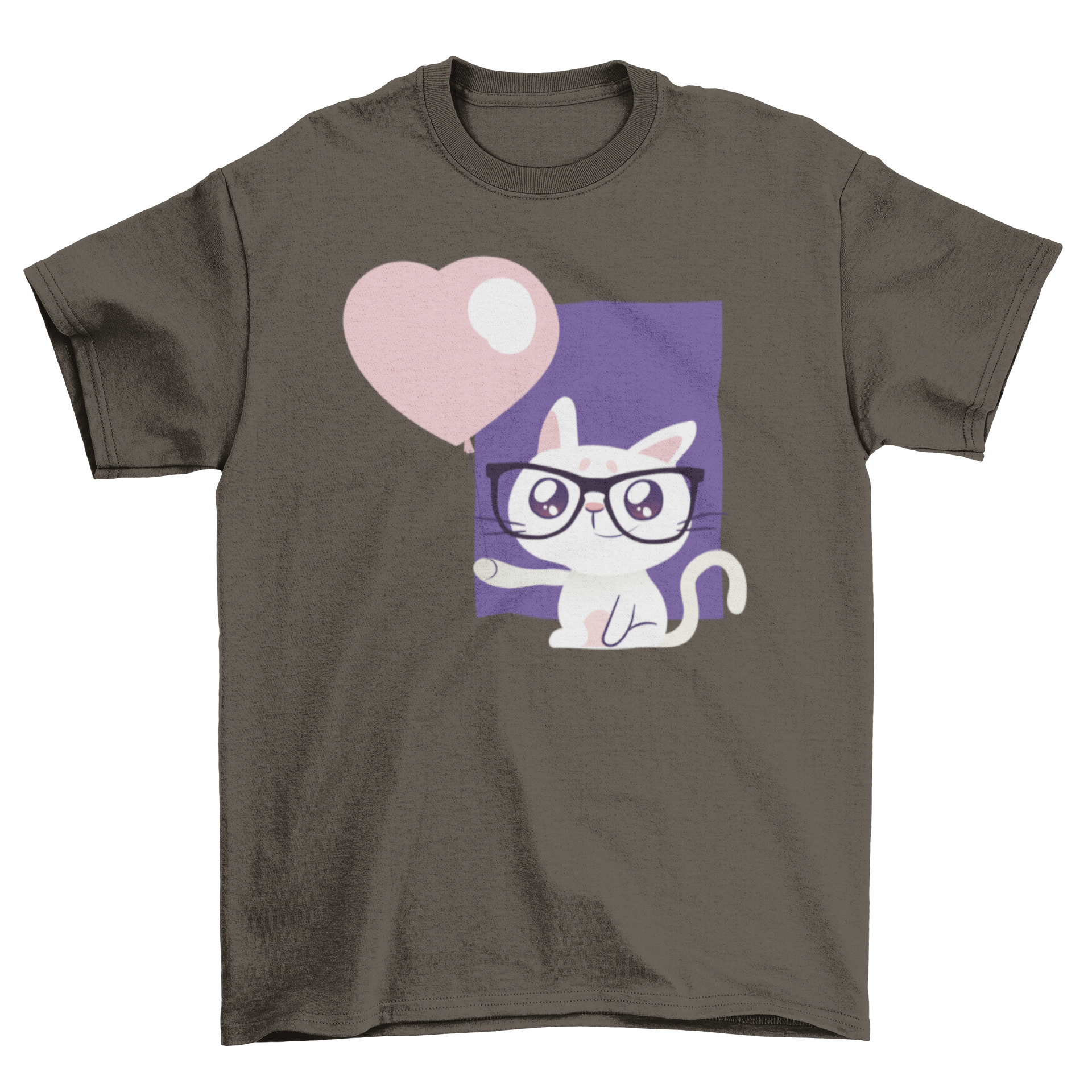 A stylish t-shirt featuring a cute cat wearing glasses and holding a heart-shaped balloon, perfect for cat lovers.