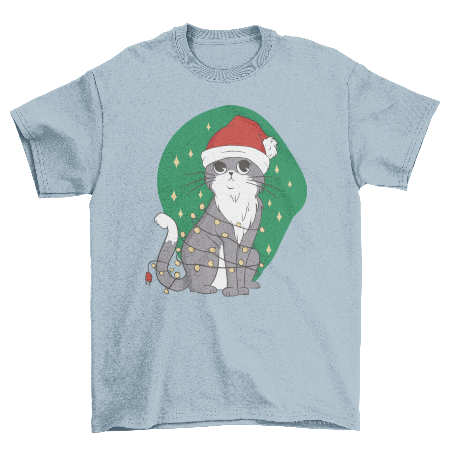 A playful cat wrapped in colorful Christmas tree lights wearing a Santa hat, perfect for holiday celebrations.