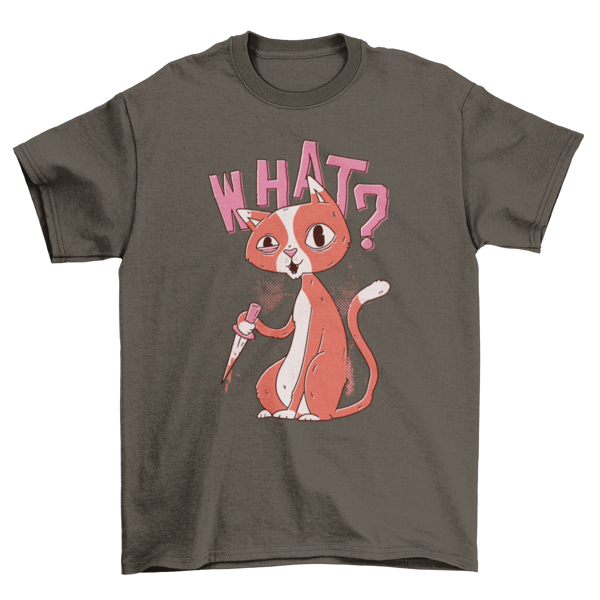 A quirky t-shirt design featuring a crazy cat holding a knife with the caption 'What?'.